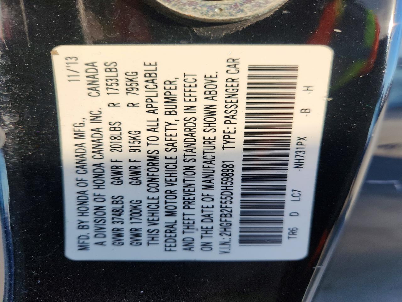 2013 Honda Civc Black vin: 2HGFB2F55DH598981