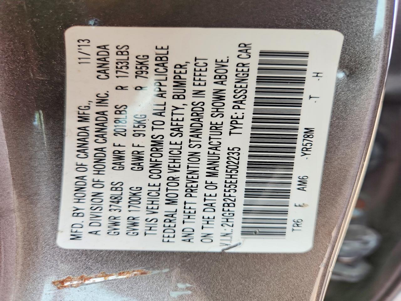 2014 Honda Civic Lx Gray vin: 2HGFB2F55EH502235