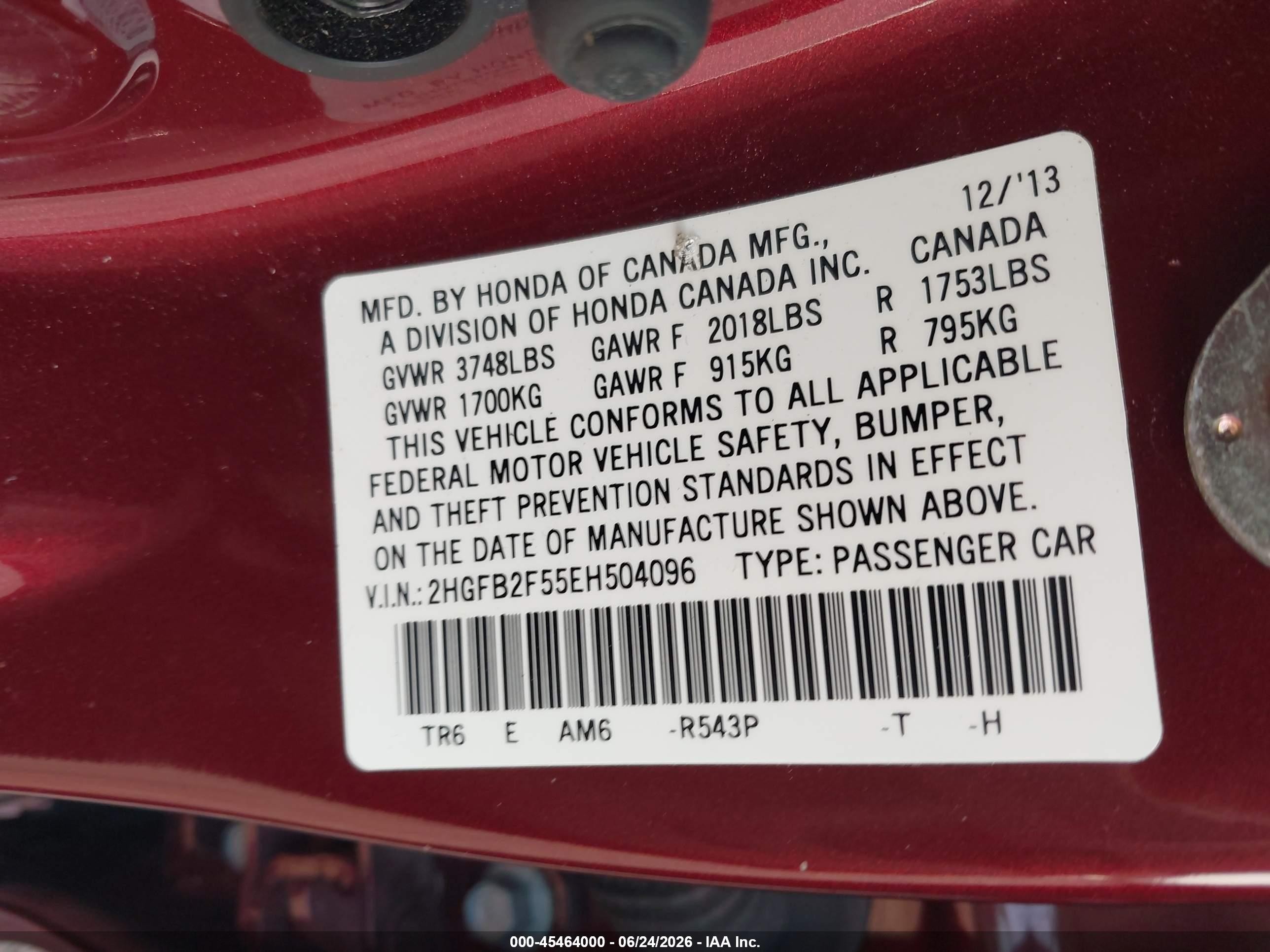 2014 Honda Civic Lx Burgundy vin: 2HGFB2F55EH504096