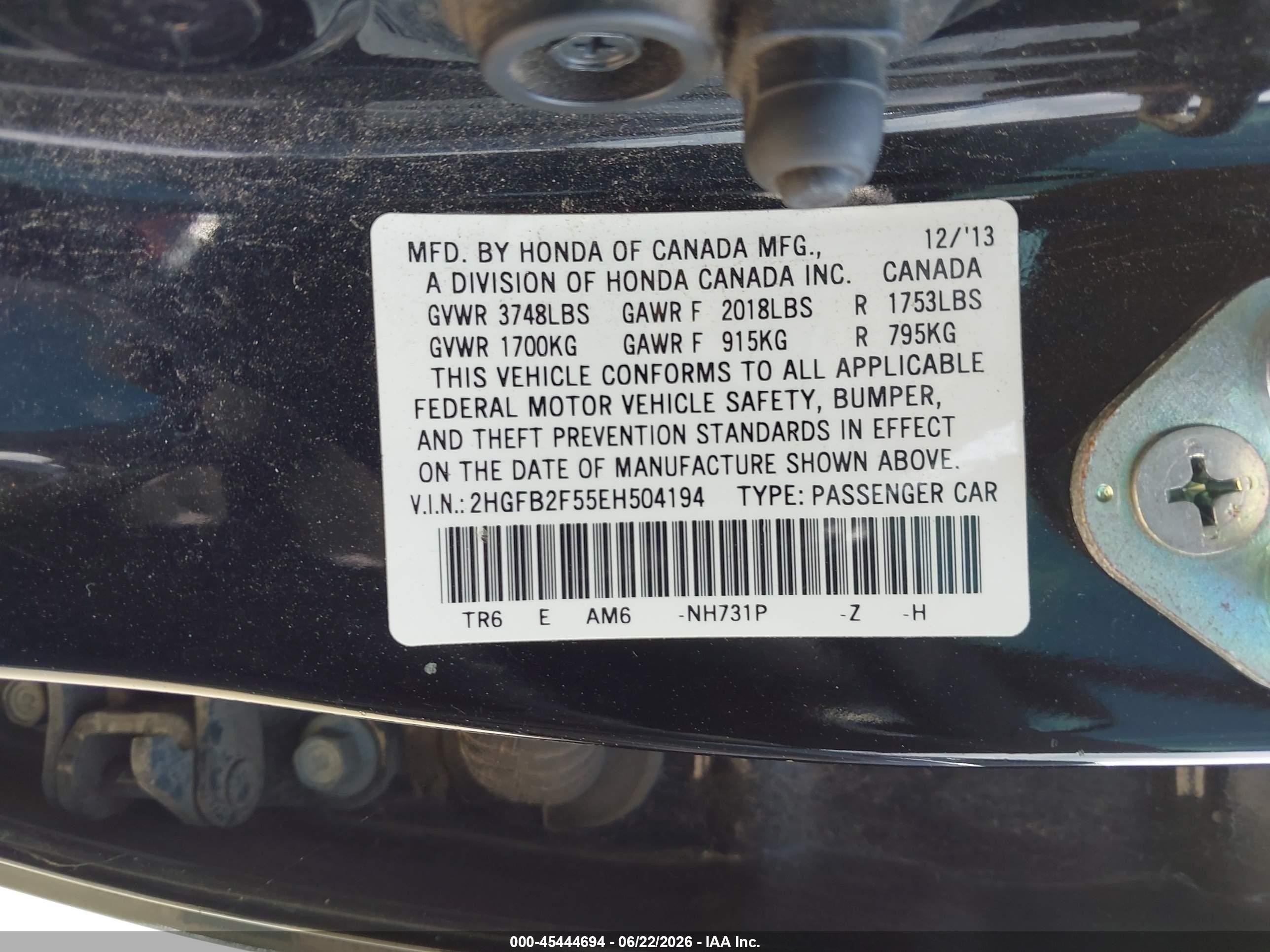 2014 Honda Civic Lx Черный vin: 2HGFB2F55EH504194