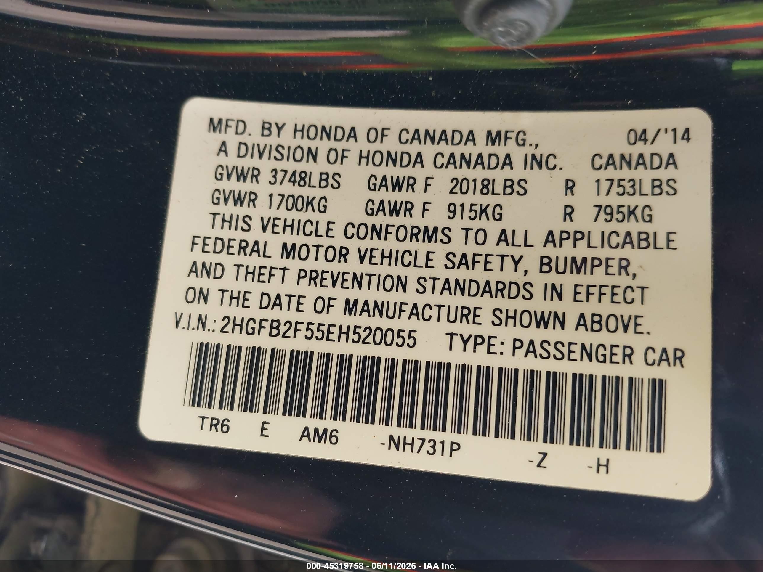 2014 Honda Civic Lx Черный vin: 2HGFB2F55EH520055