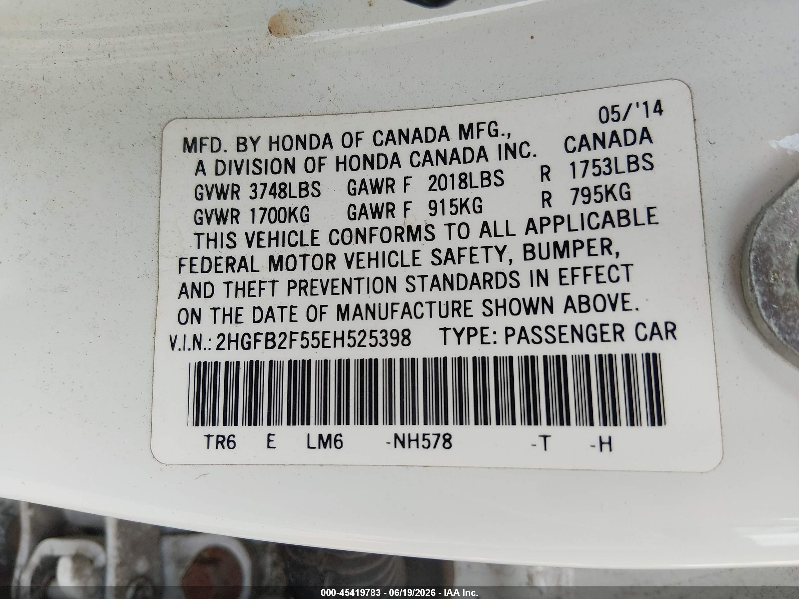 2014 Honda Civic Lx White vin: 2HGFB2F55EH525398