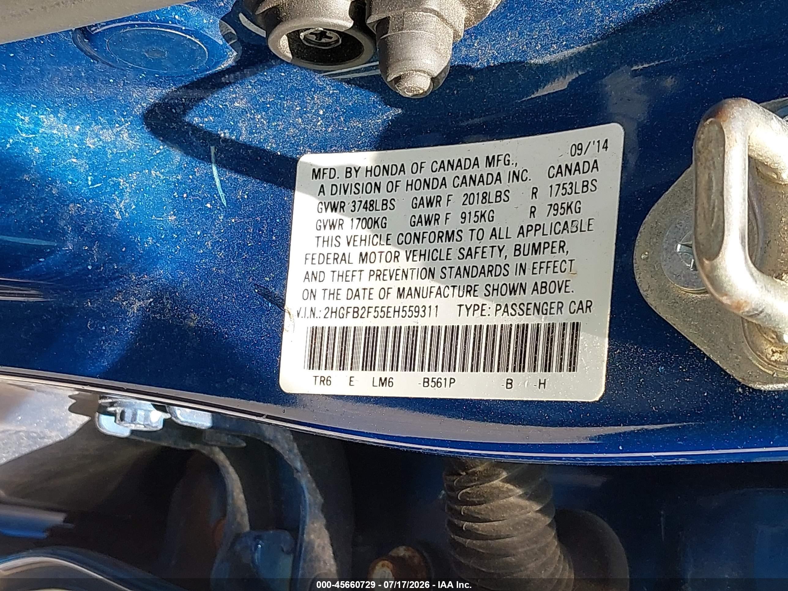 2014 Honda Civic Lx Blue vin: 2HGFB2F55EH559311