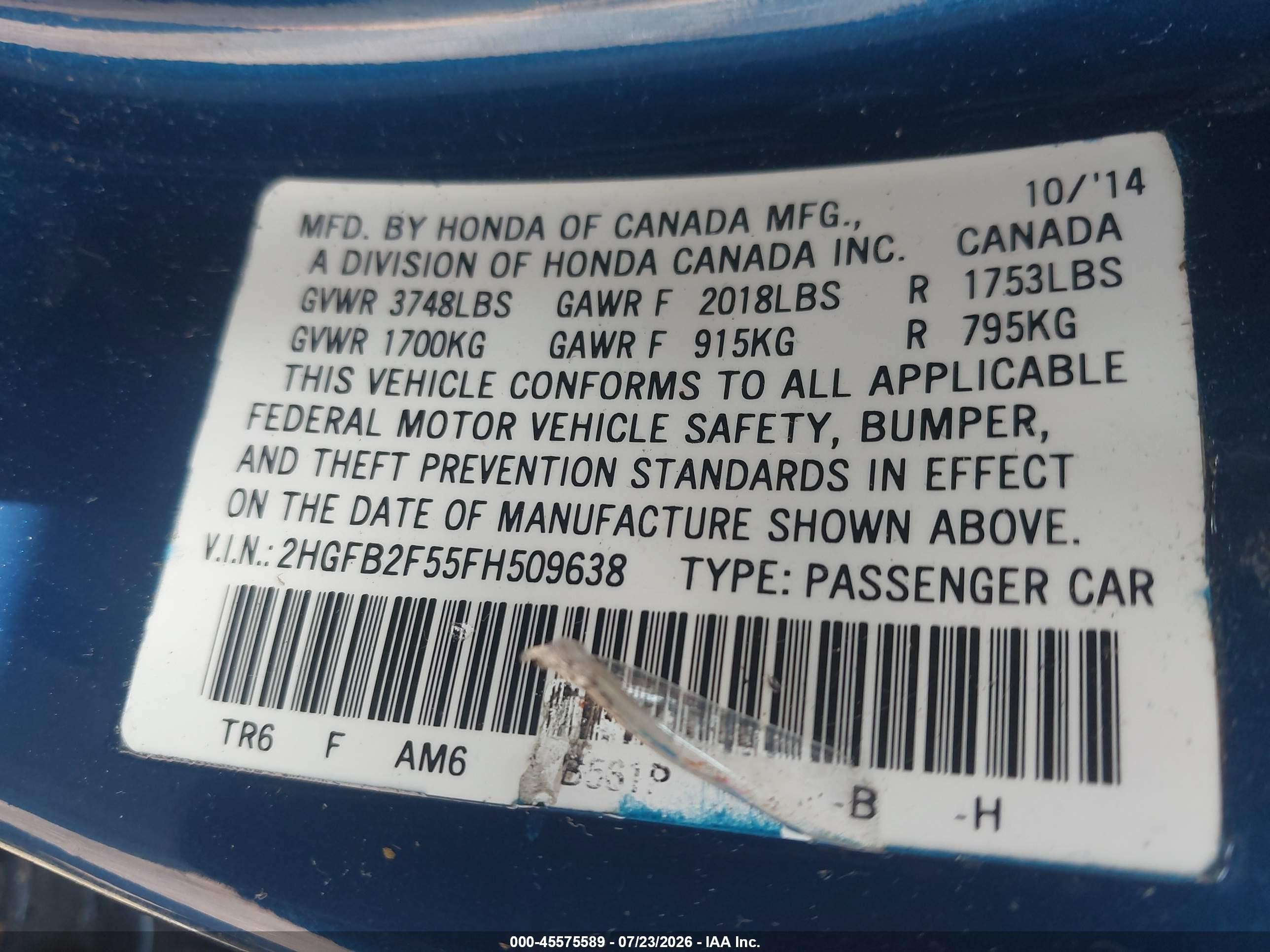 2015 Honda Civic Lx Blue vin: 2HGFB2F55FH509638