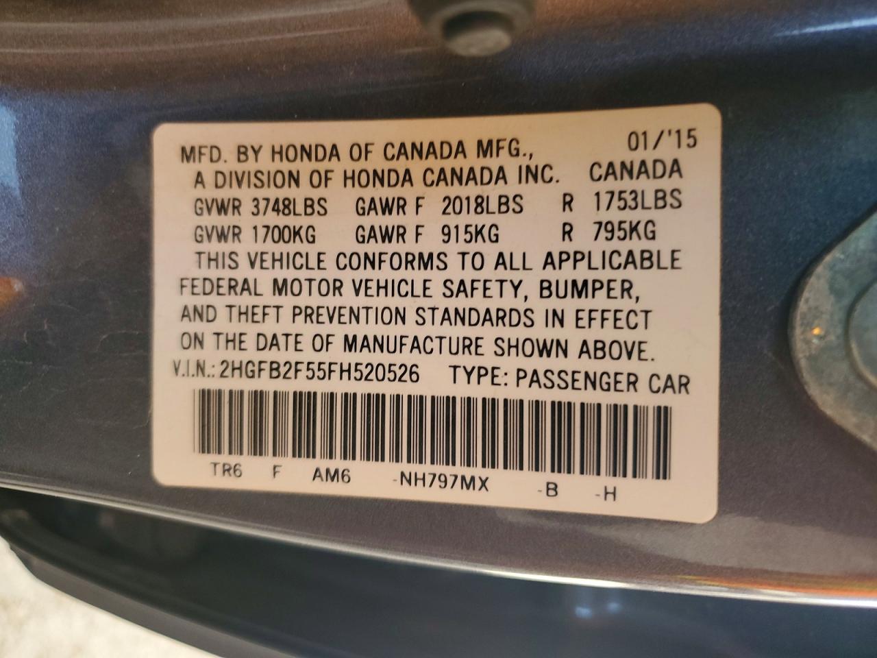 2015 Honda Civic Lx Gray vin: 2HGFB2F55FH520526
