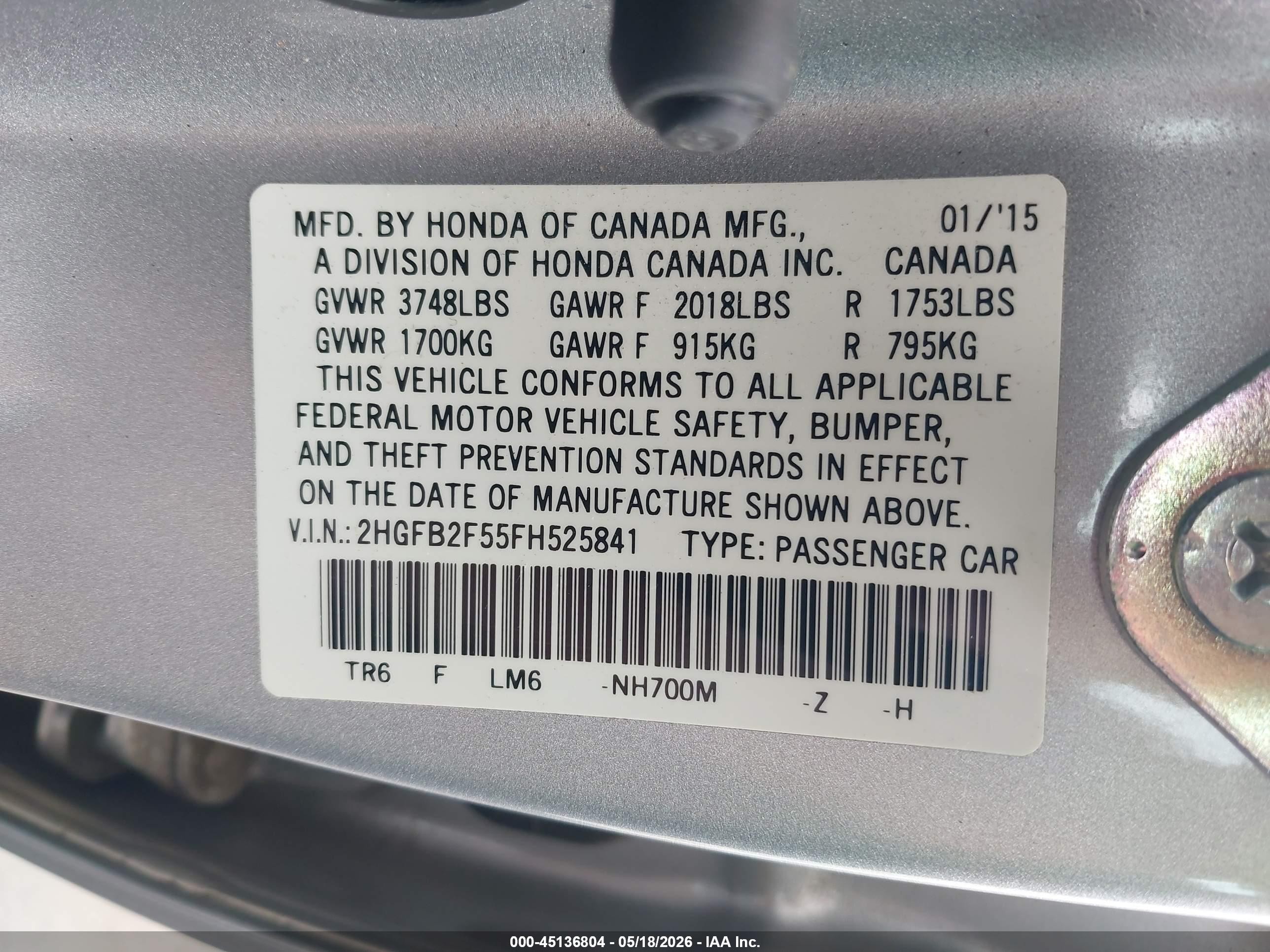 2015 Honda Civic Lx Silver vin: 2HGFB2F55FH525841