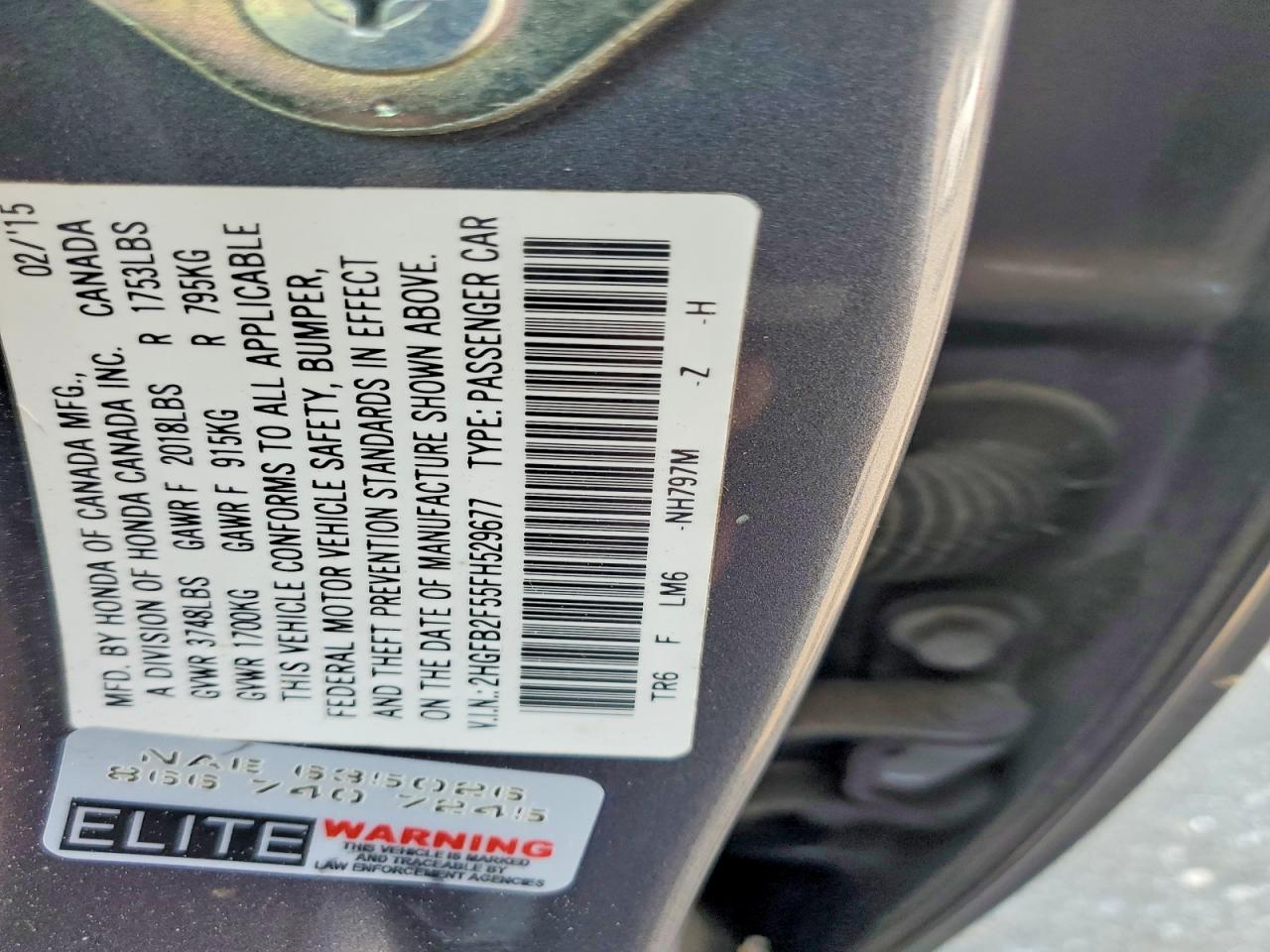2015 Honda Civic Lx Gray vin: 2HGFB2F55FH529677