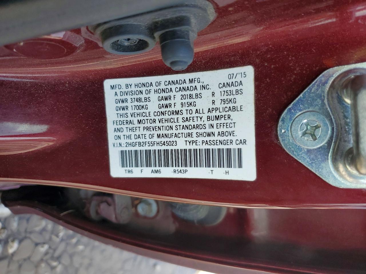 2015 Honda Civic Lx Red vin: 2HGFB2F55FH545023