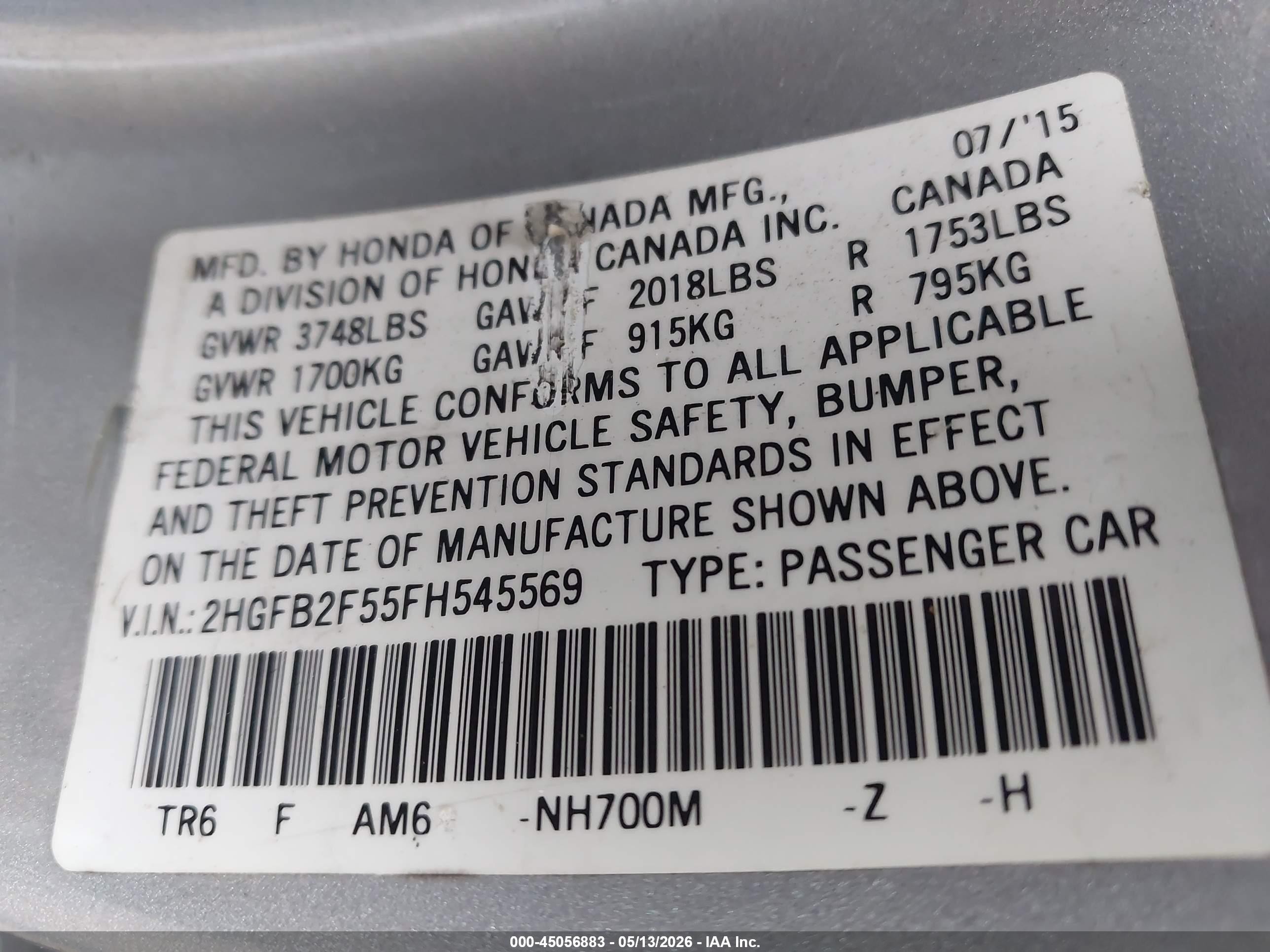 2015 Honda Civic Lx Серебряный vin: 2HGFB2F55FH545569