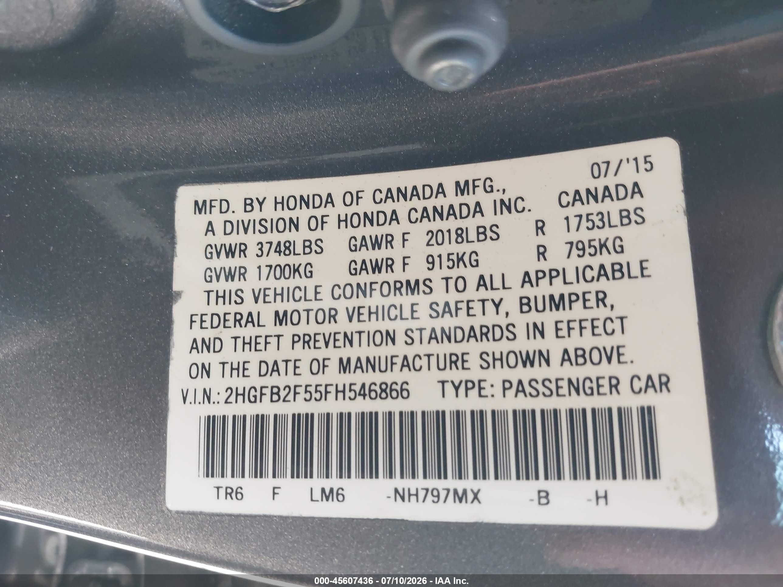 2015 Honda Civic Lx Gray vin: 2HGFB2F55FH546866