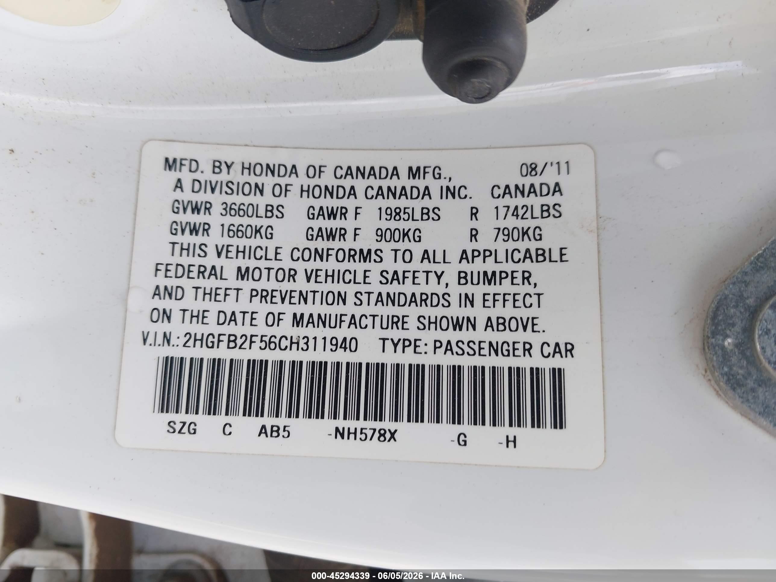 2012 Honda Civic Lx White vin: 2HGFB2F56CH311940