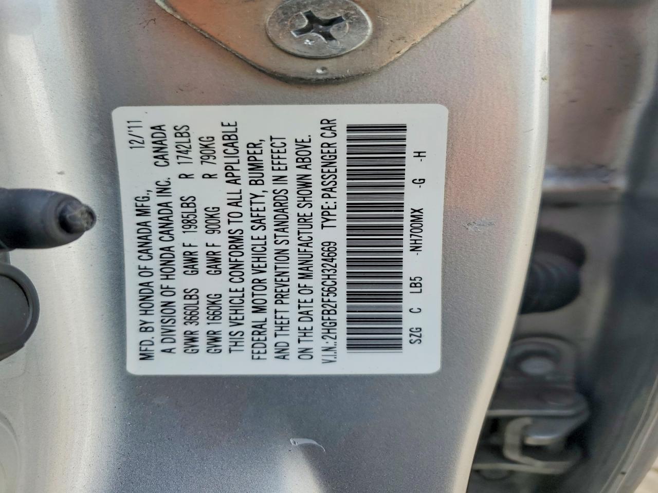 2012 Honda Civic Lx Silver vin: 2HGFB2F56CH324669