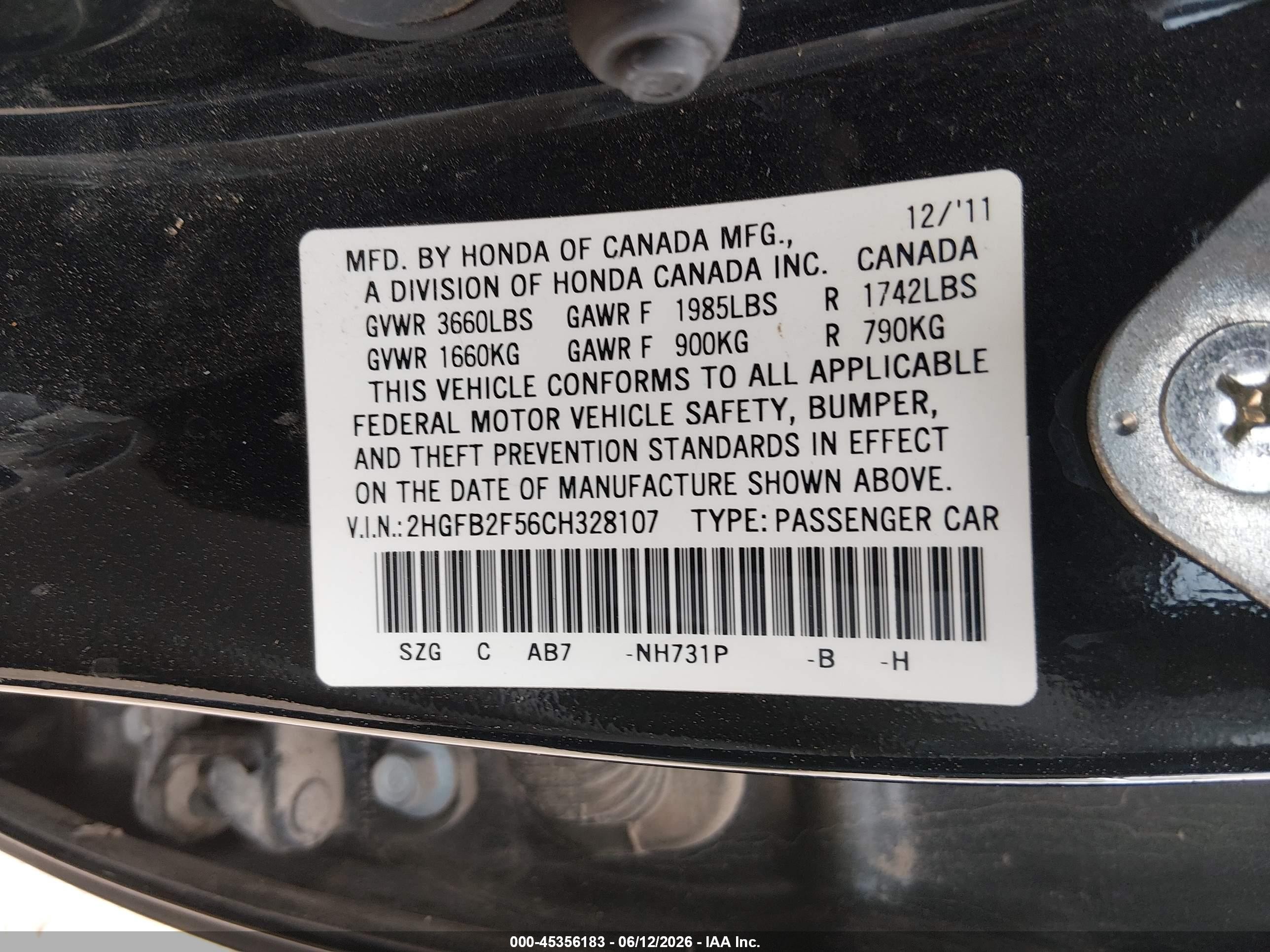 2012 Honda Civic Lx Black vin: 2HGFB2F56CH328107