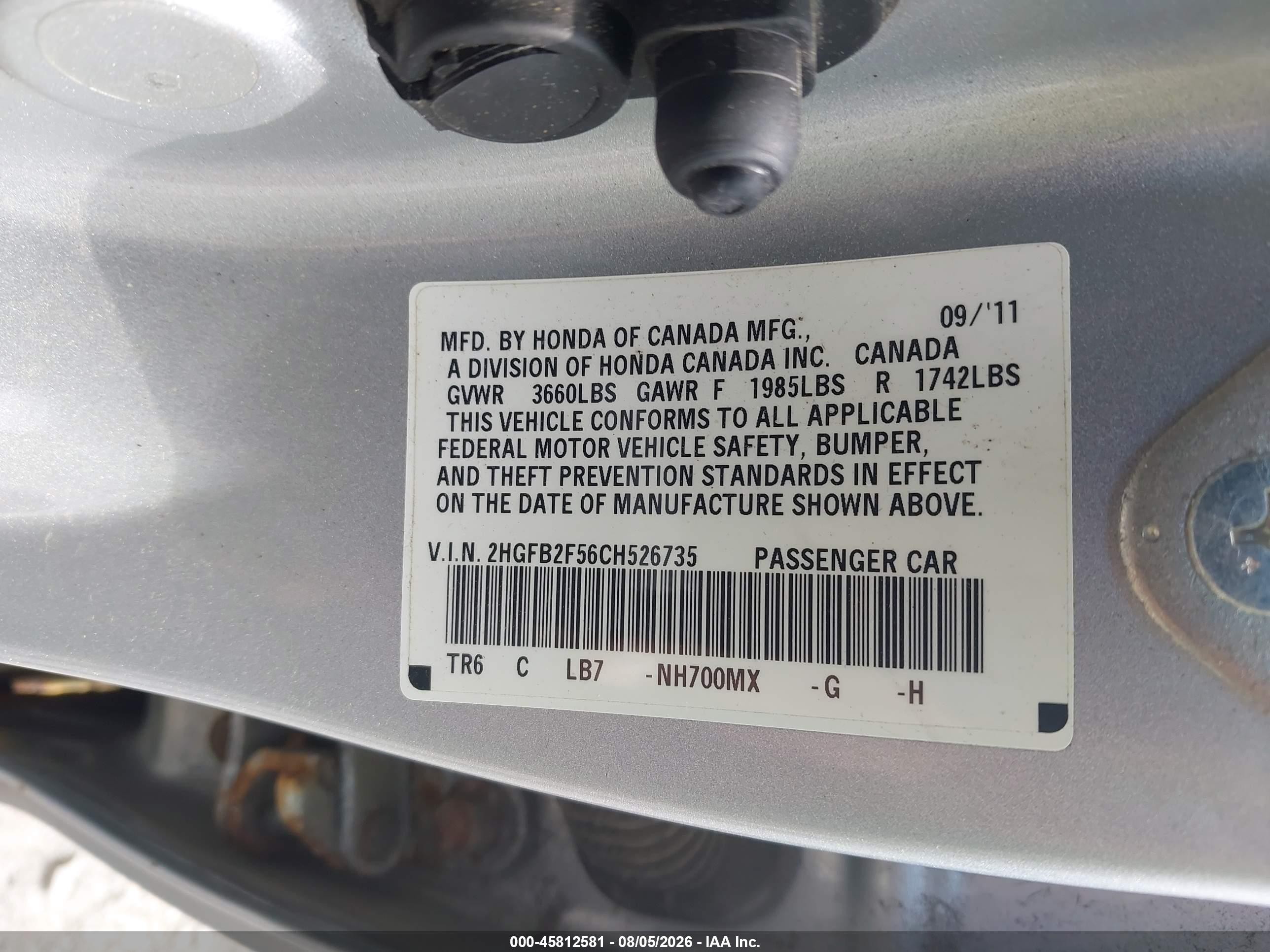 2012 Honda Civic Lx Silver vin: 2HGFB2F56CH526735