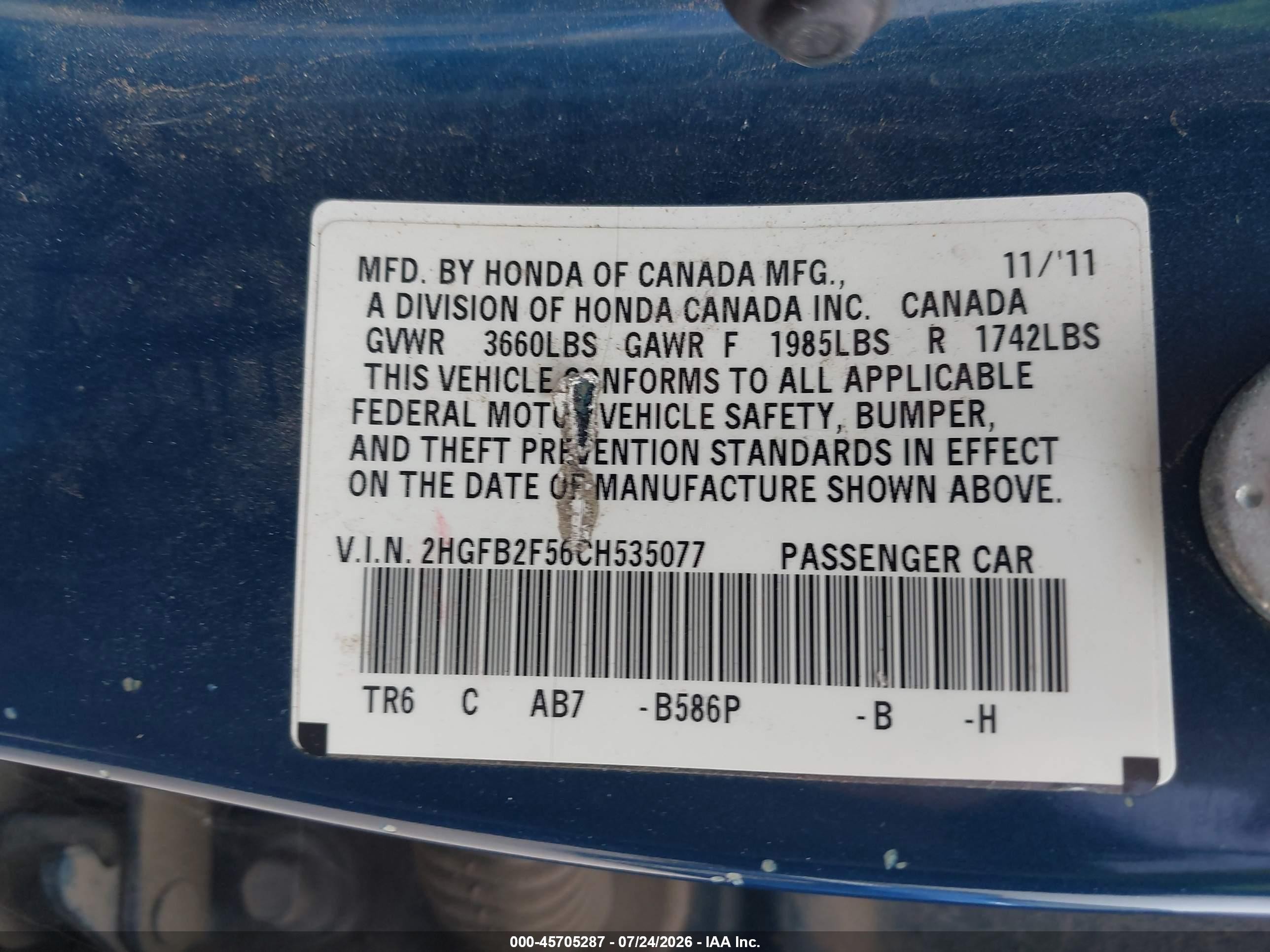 2012 Honda Civic Lx Blue vin: 2HGFB2F56CH535077