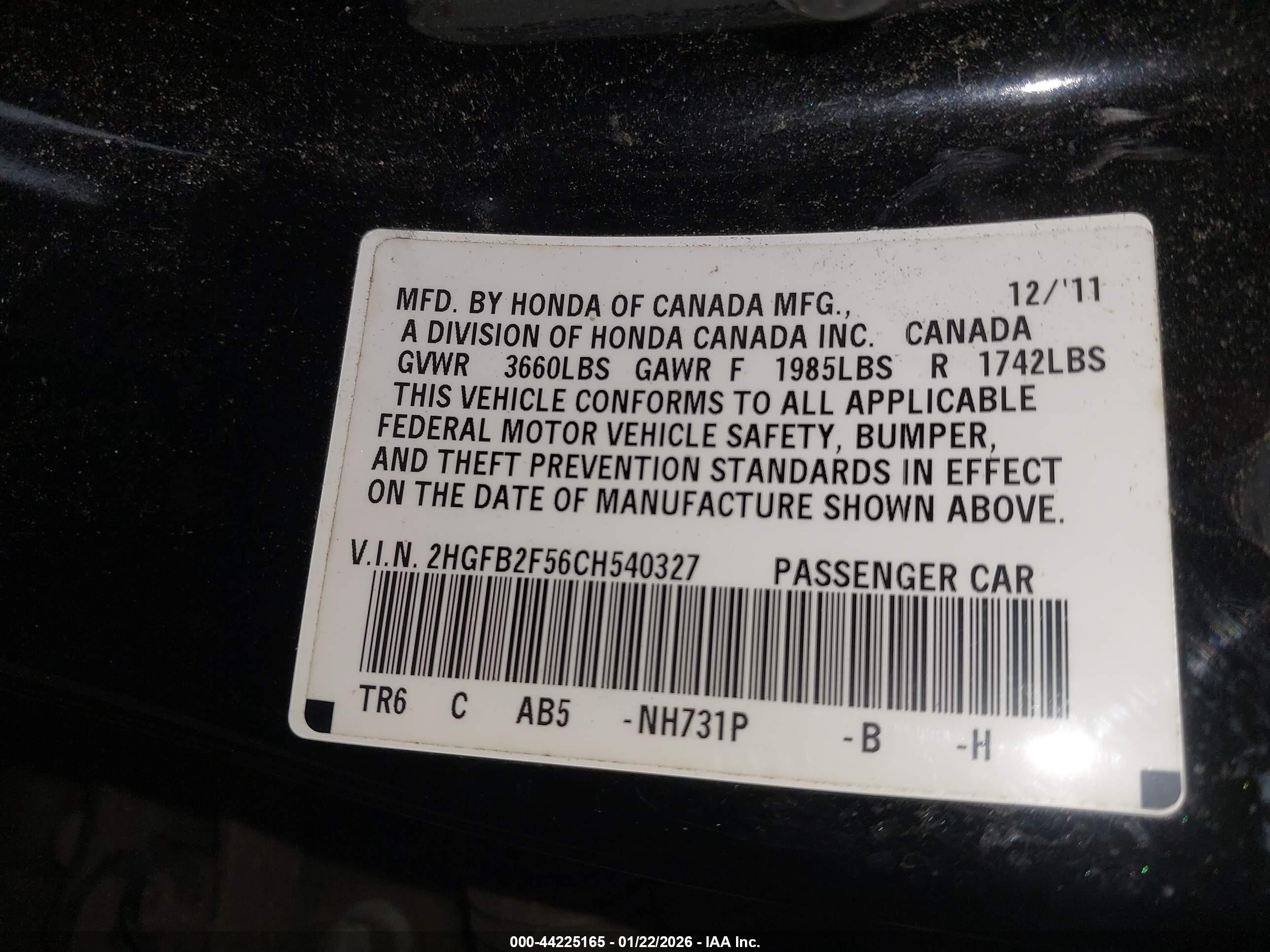 2012 Honda Civic Lx Black vin: 2HGFB2F56CH540327