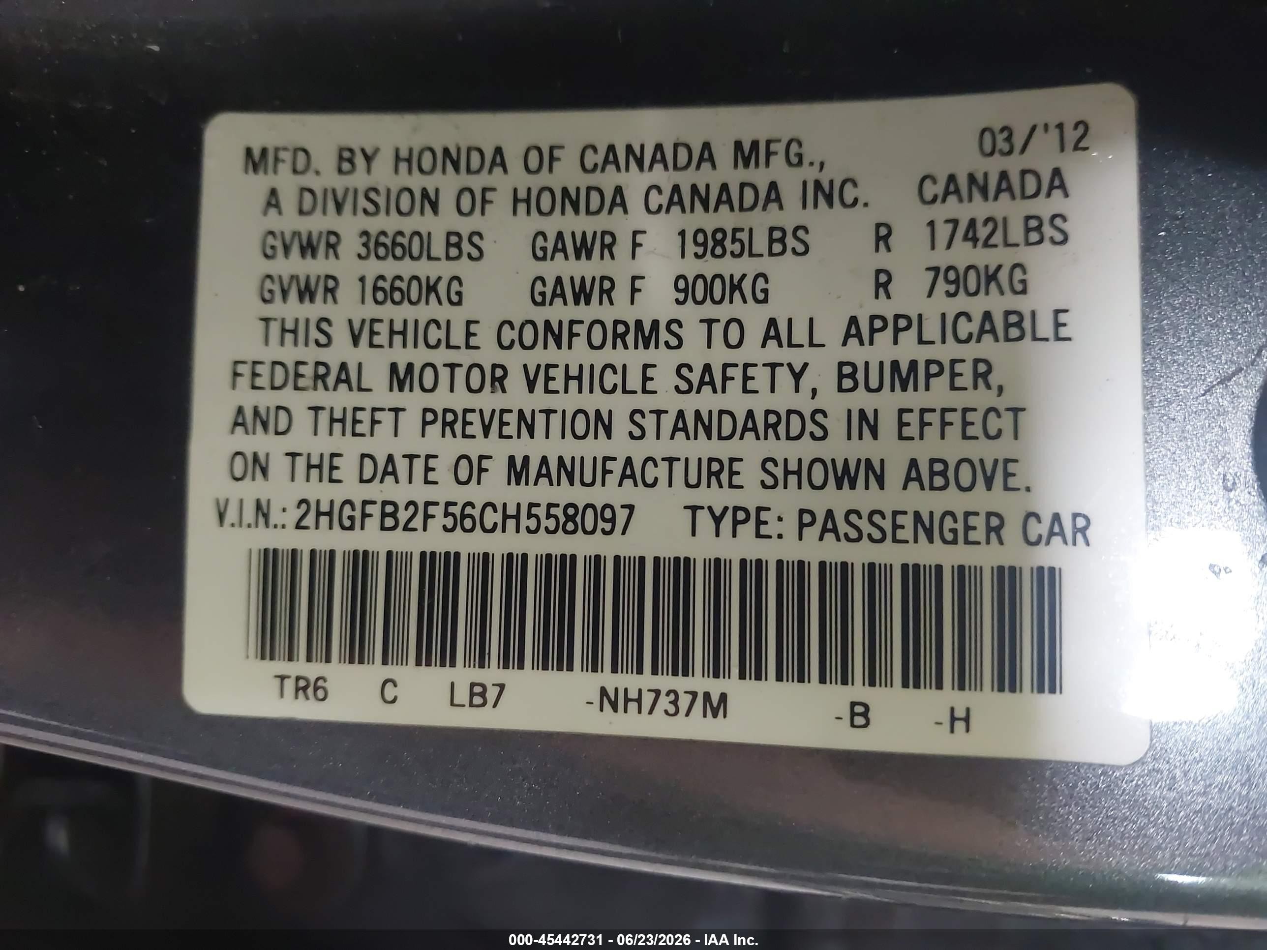 2012 Honda Civic Lx Gray vin: 2HGFB2F56CH558097