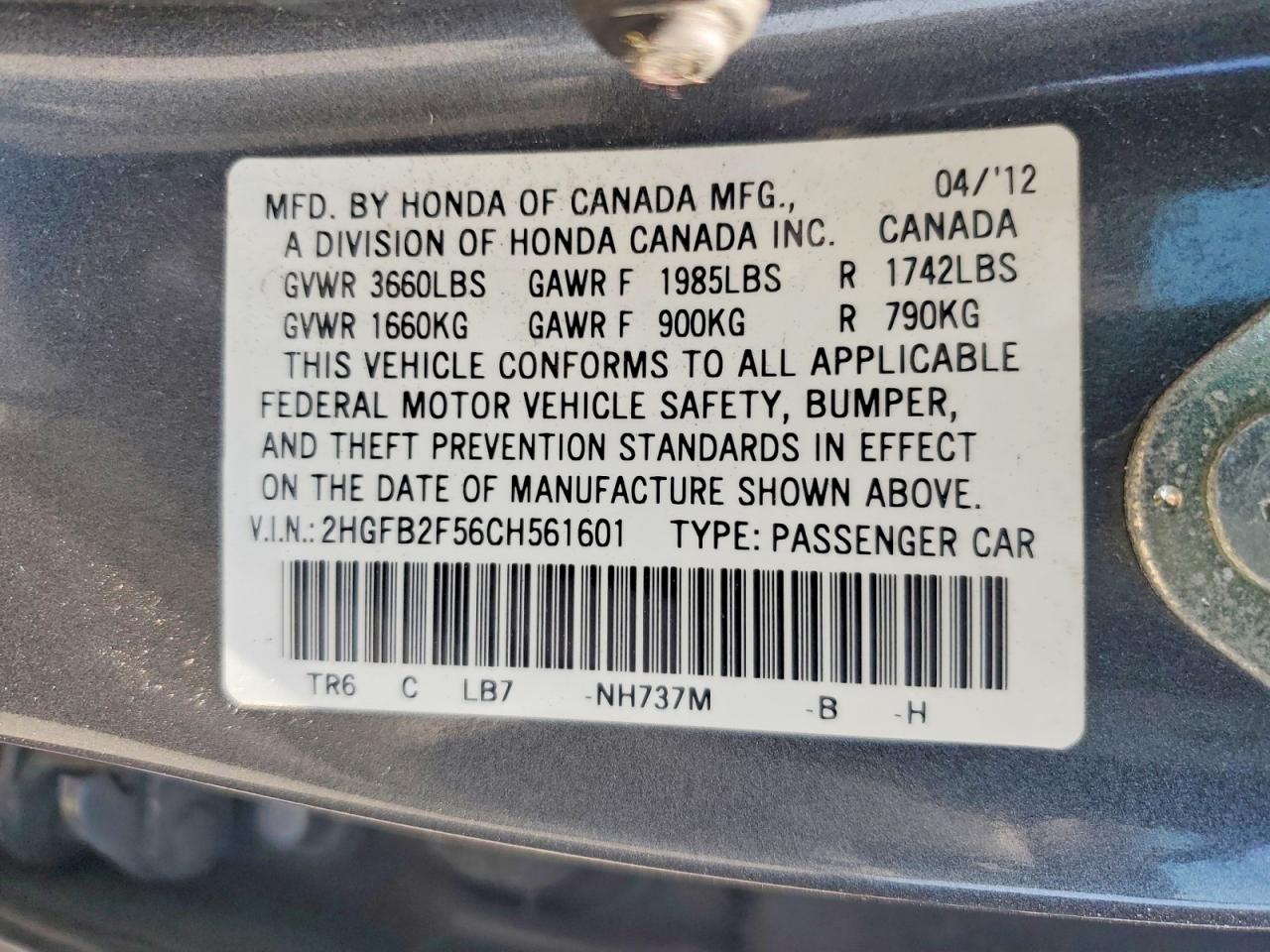2012 Honda Civic Lx Gray vin: 2HGFB2F56CH561601