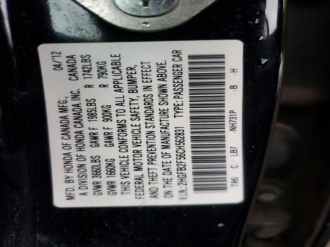 2012 Honda Civic Lx Black vin: 2HGFB2F56CH562831