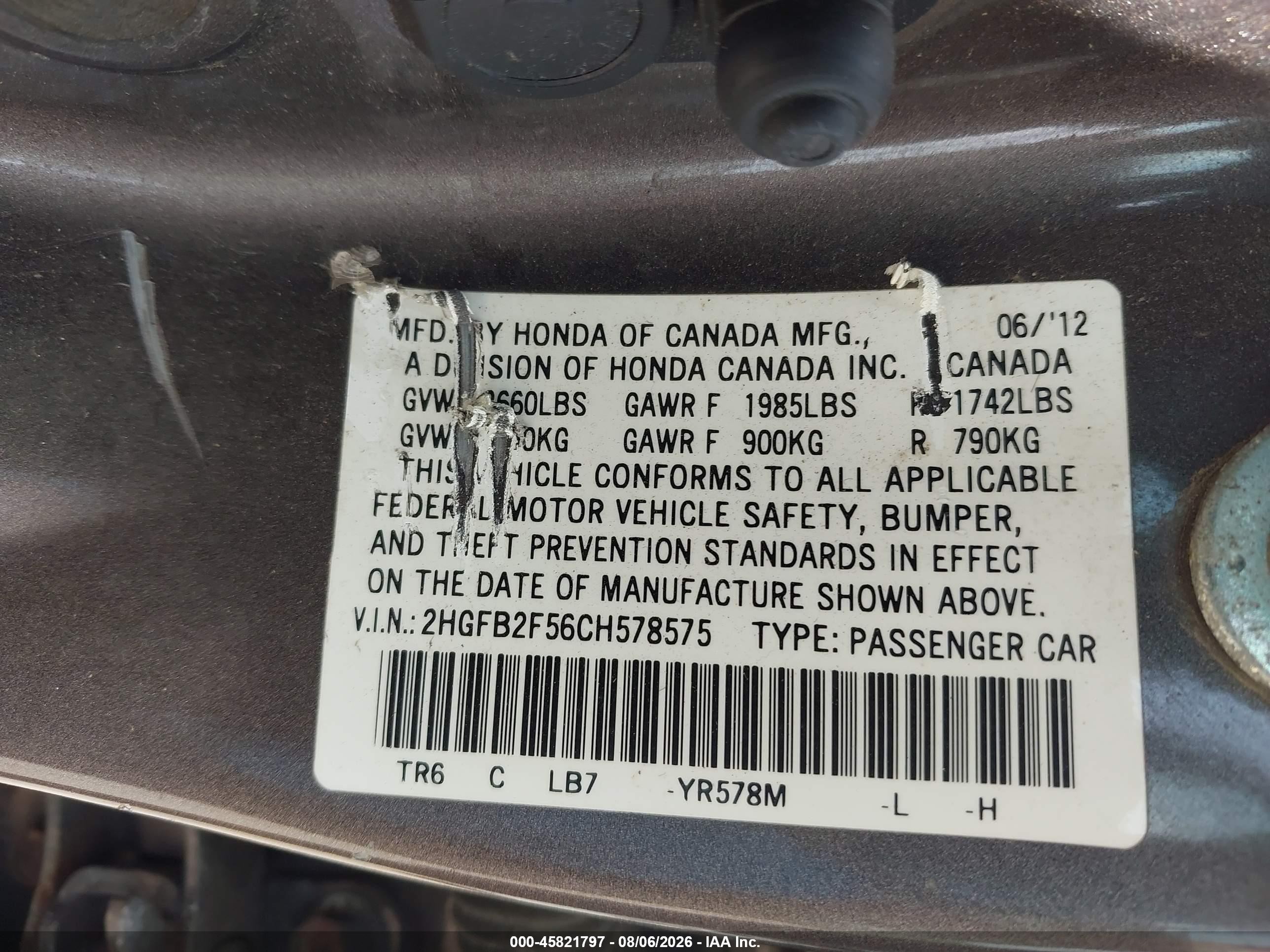 2012 Honda Civic Lx Серый vin: 2HGFB2F56CH578575