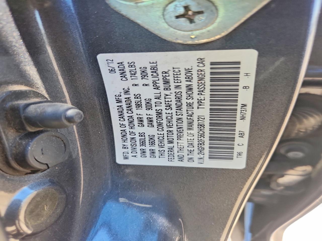 2012 Honda Civic Lx Charcoal vin: 2HGFB2F56CH581721