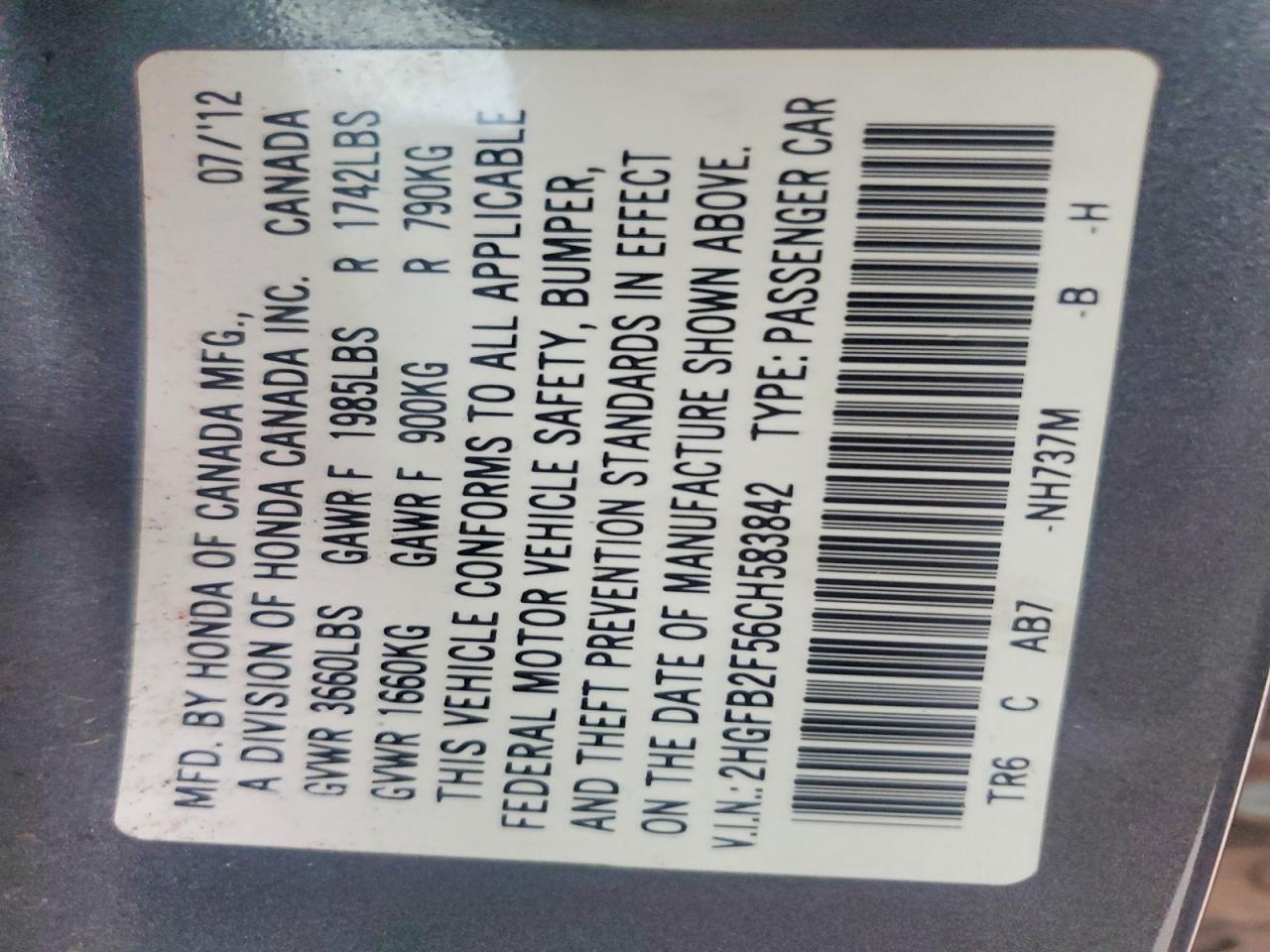 2012 Honda Civic Lx Gray vin: 2HGFB2F56CH583842