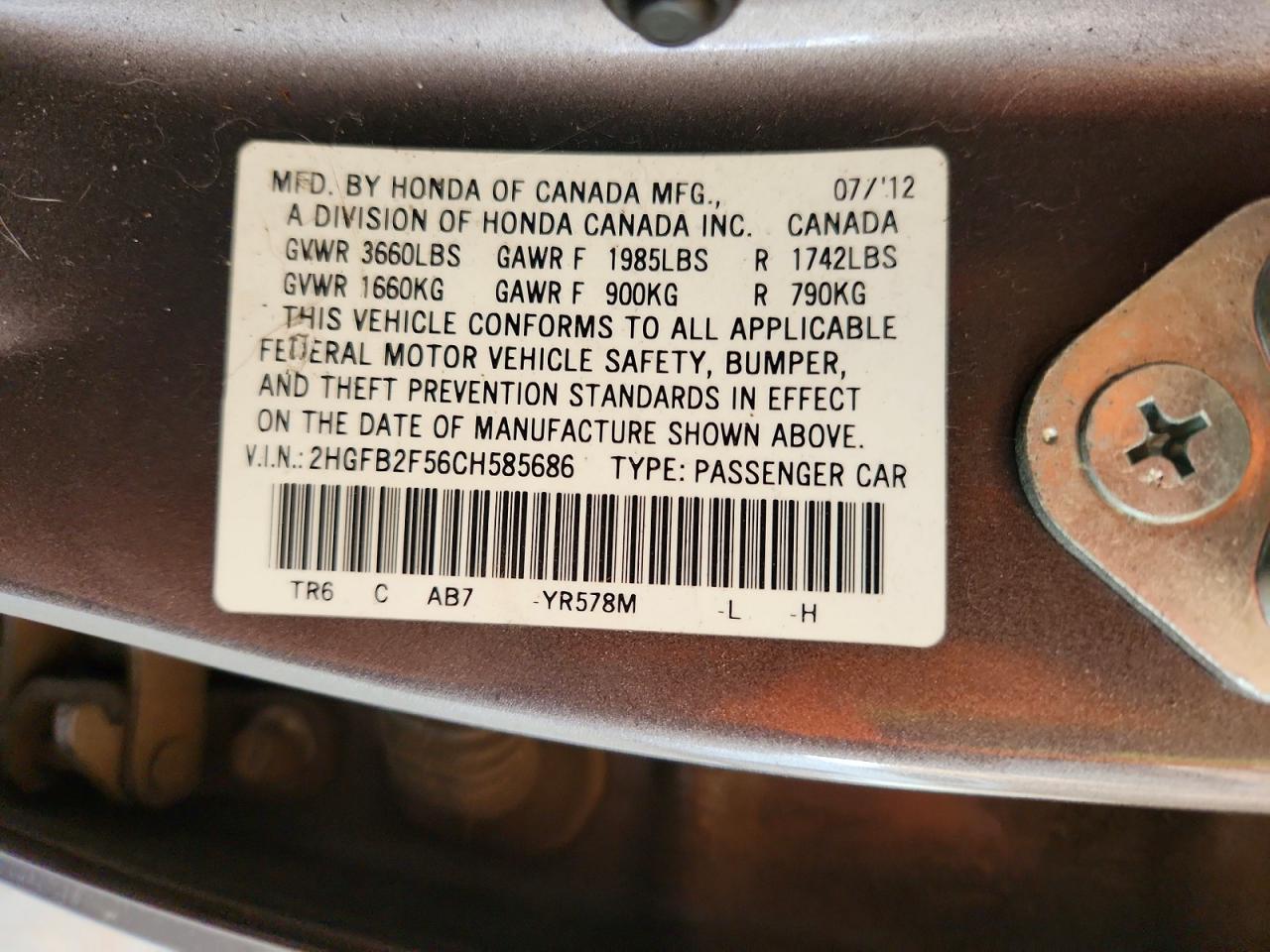 2012 Honda Civic Lx Charcoal vin: 2HGFB2F56CH585686