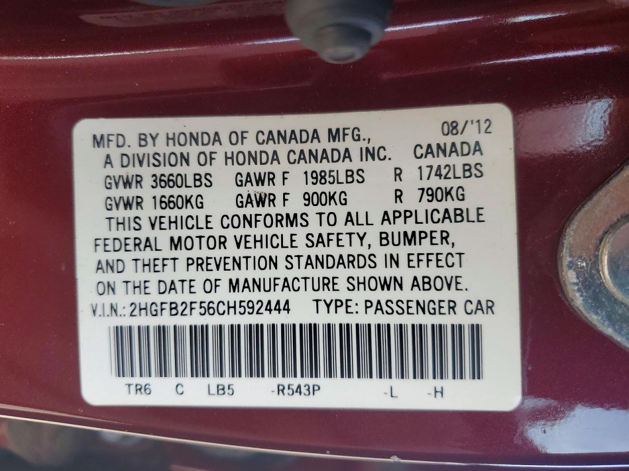 2012 Honda Civic Lx Burgundy vin: 2HGFB2F56CH592444