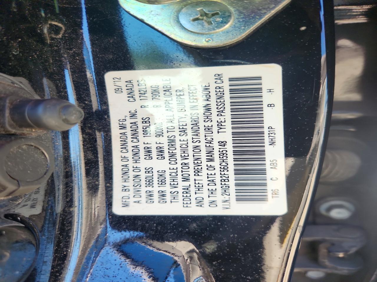 2012 Honda Civc Black vin: 2HGFB2F56CH595148
