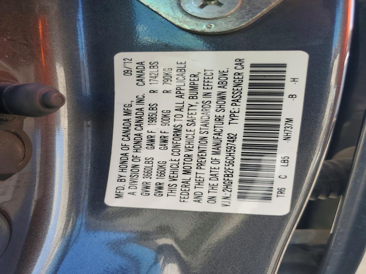 2012 Honda Civic Lx Gray vin: 2HGFB2F56CH597482