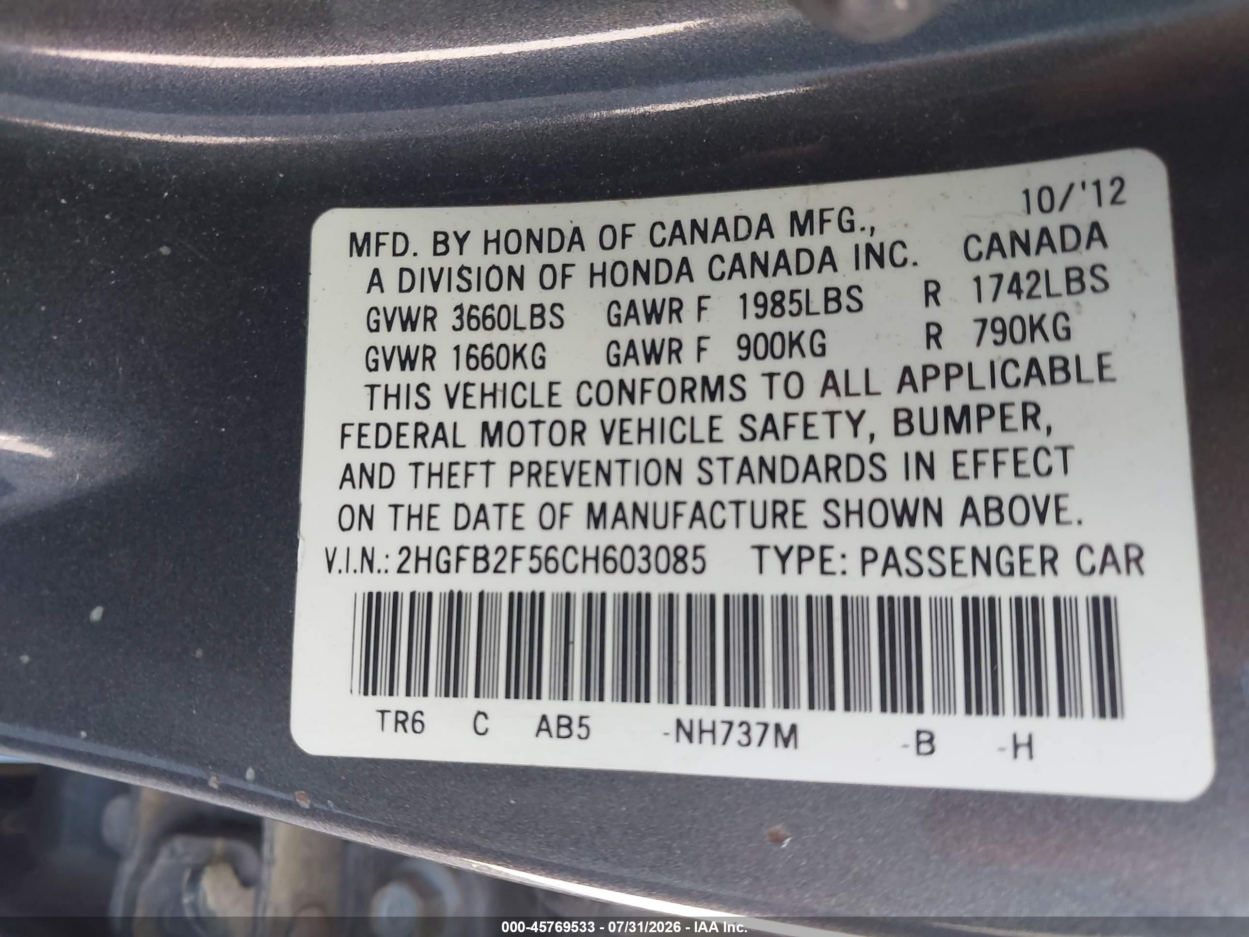 2012 Honda Civic Lx Gray vin: 2HGFB2F56CH603085