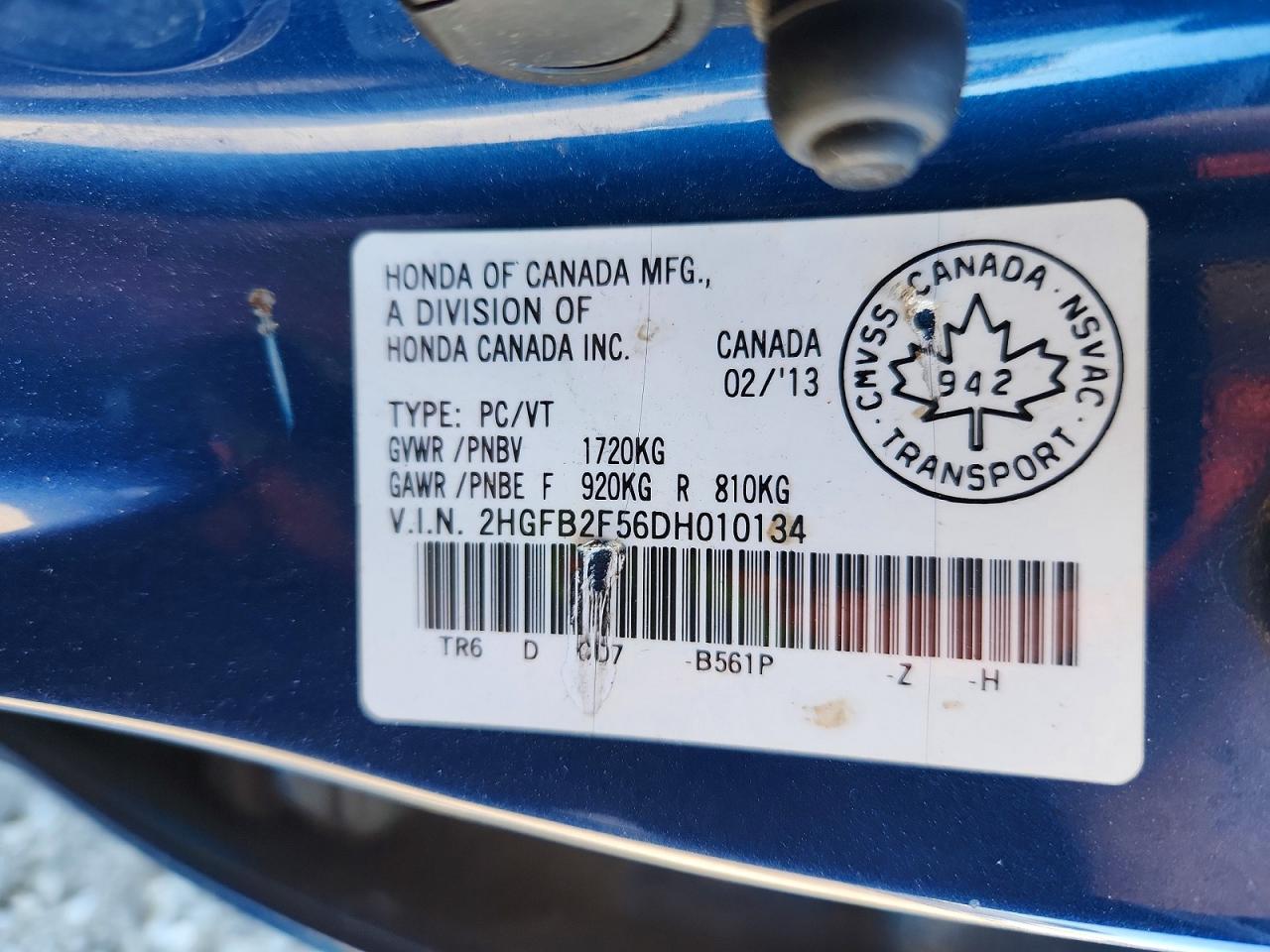 2013 Honda Civic Lx Blue vin: 2HGFB2F56DH010134