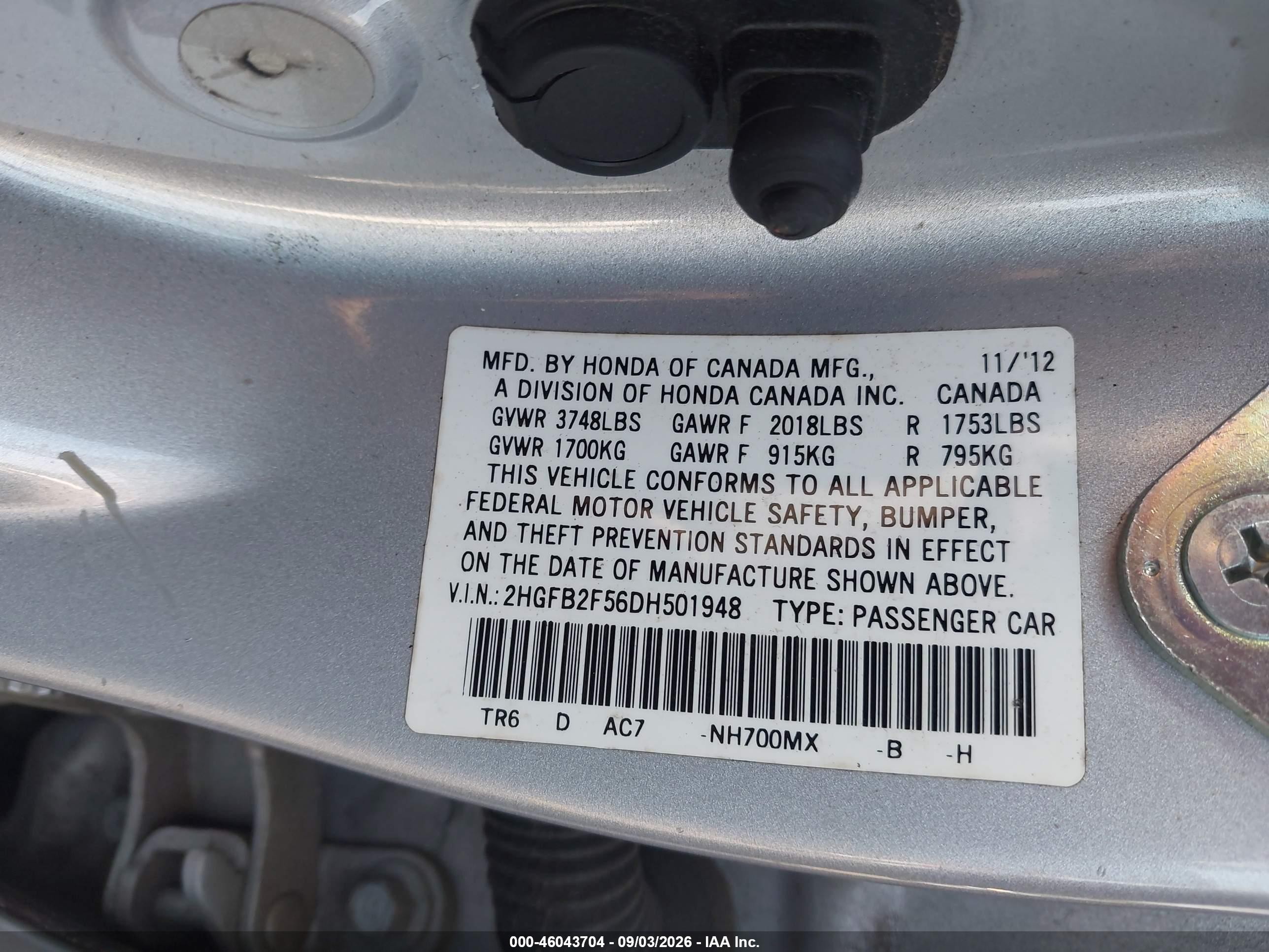 2013 Honda Civic Lx Silver vin: 2HGFB2F56DH501948