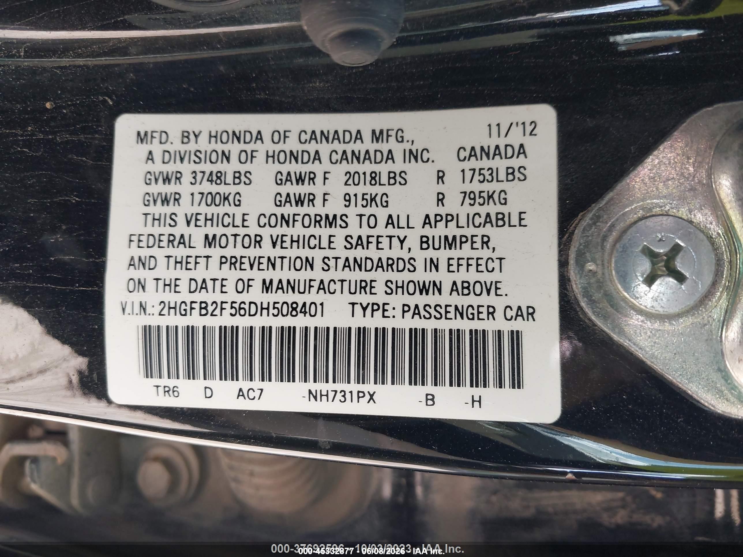 2013 Honda Civic Lx Black vin: 2HGFB2F56DH508401