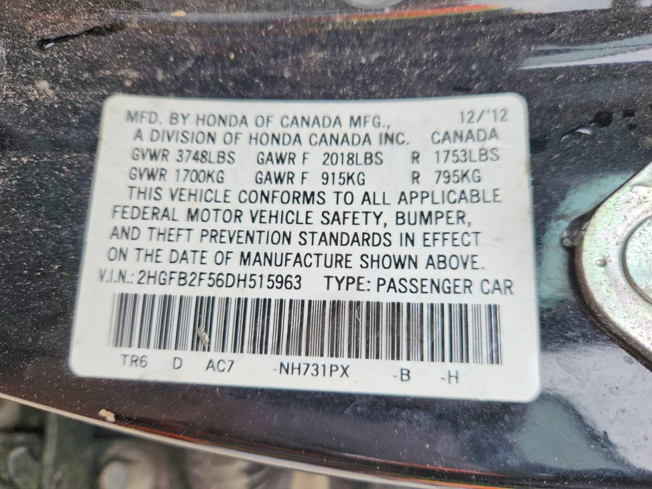 2013 Honda Civic Lx Black vin: 2HGFB2F56DH515963