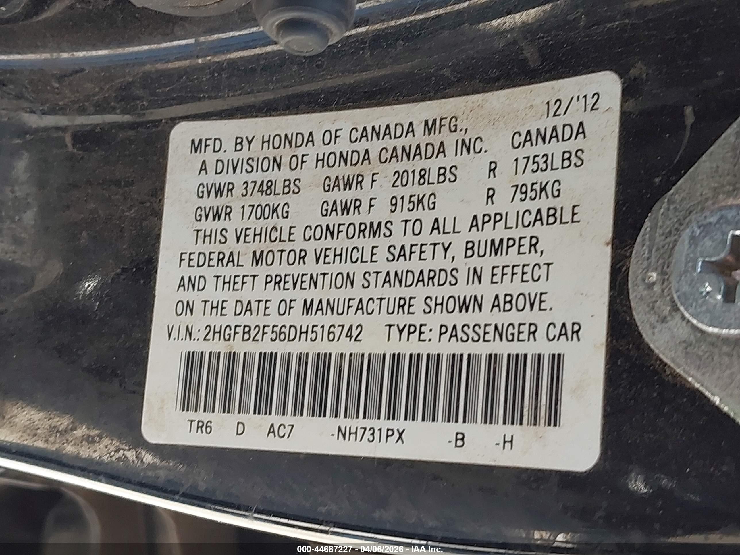 2013 Honda Civic Lx Черный vin: 2HGFB2F56DH516742
