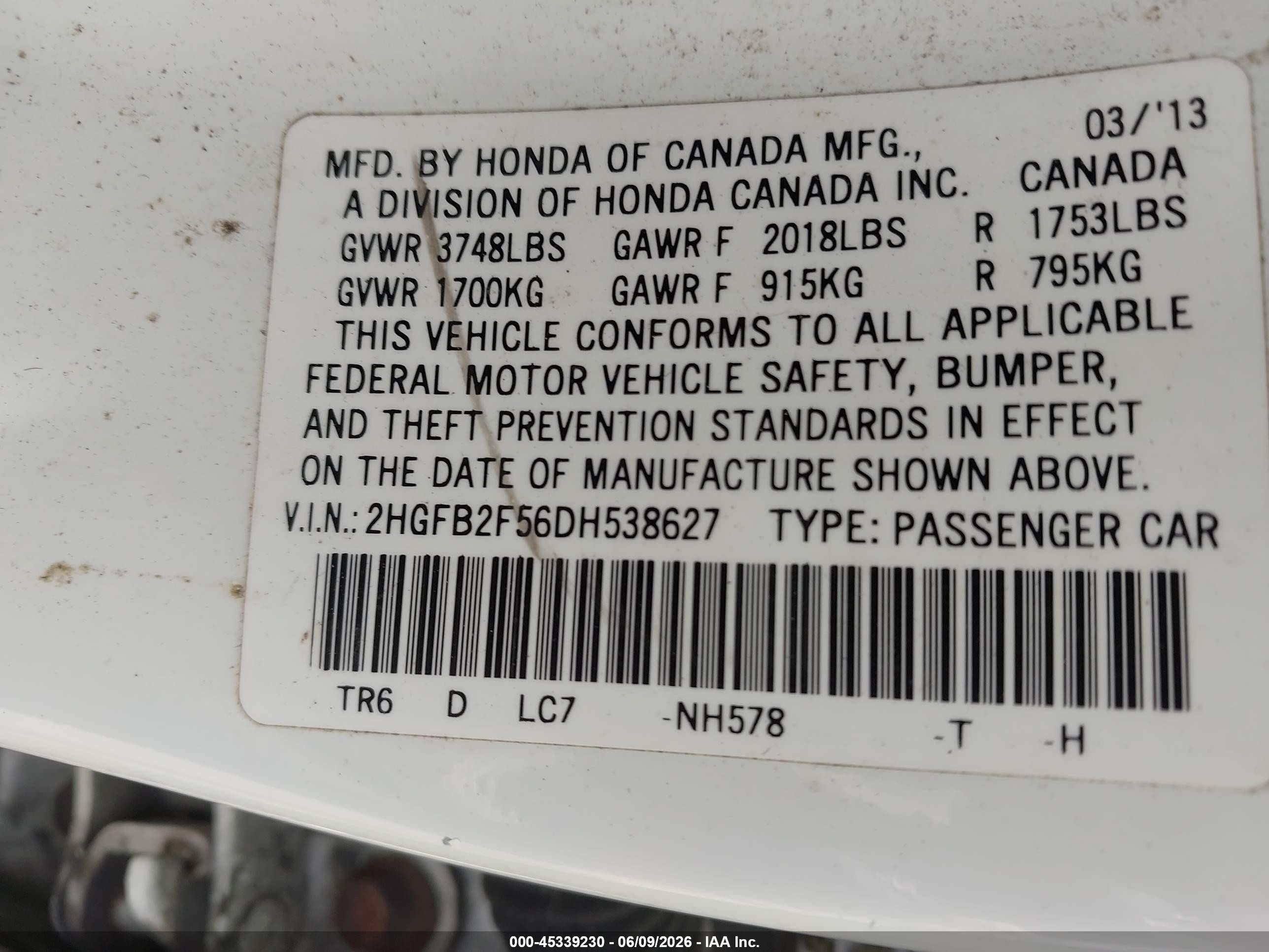 2013 Honda Civic Lx White vin: 2HGFB2F56DH538627