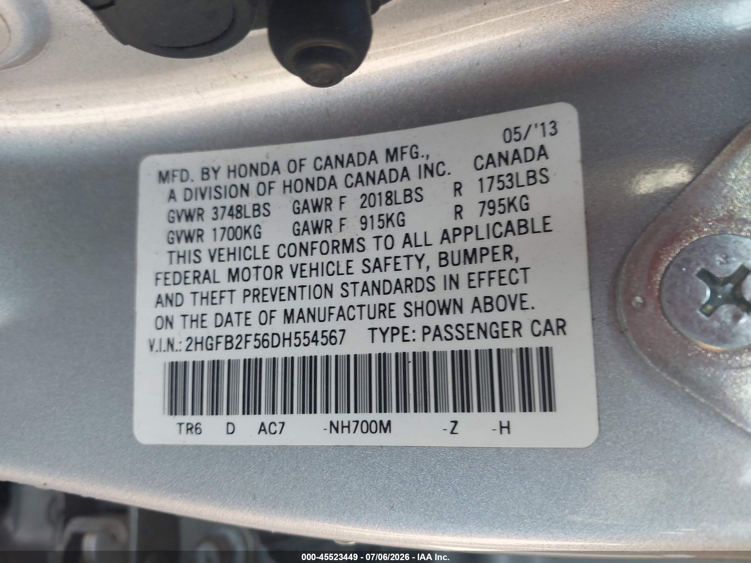 2013 Honda Civic Lx Gray vin: 2HGFB2F56DH554567