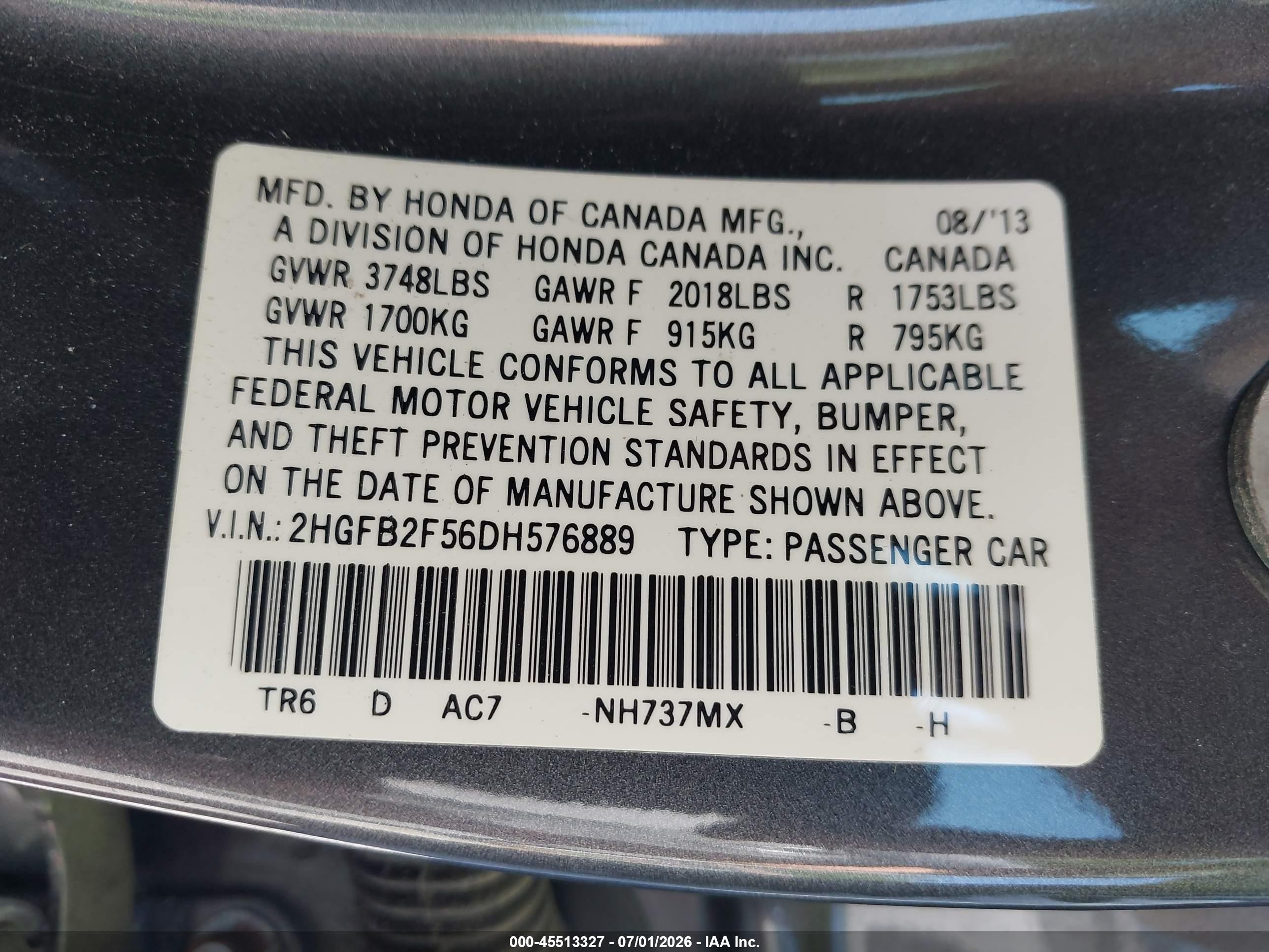 2013 Honda Civic Lx Gray vin: 2HGFB2F56DH576889