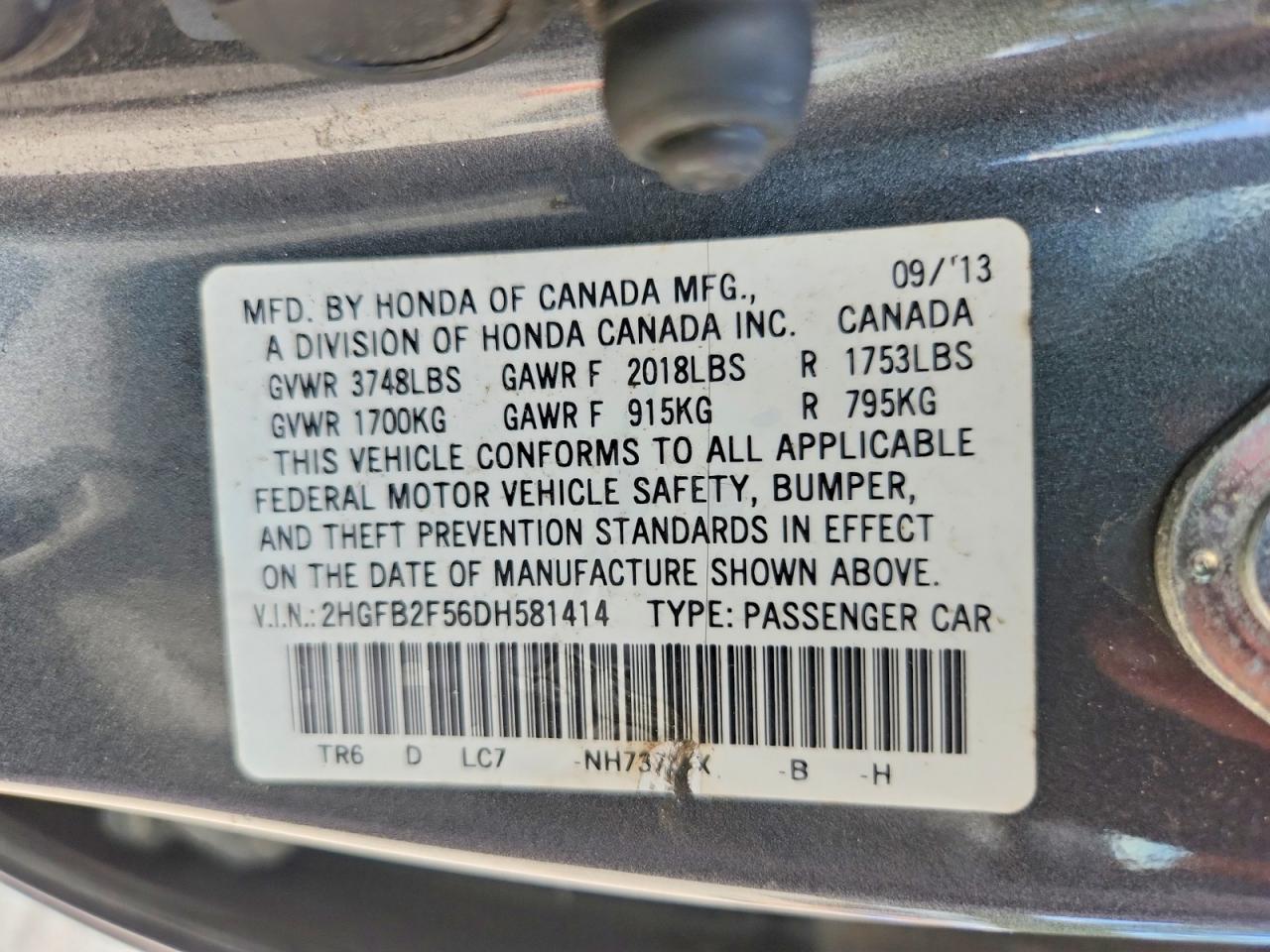 2013 Honda Civic Lx Gray vin: 2HGFB2F56DH581414
