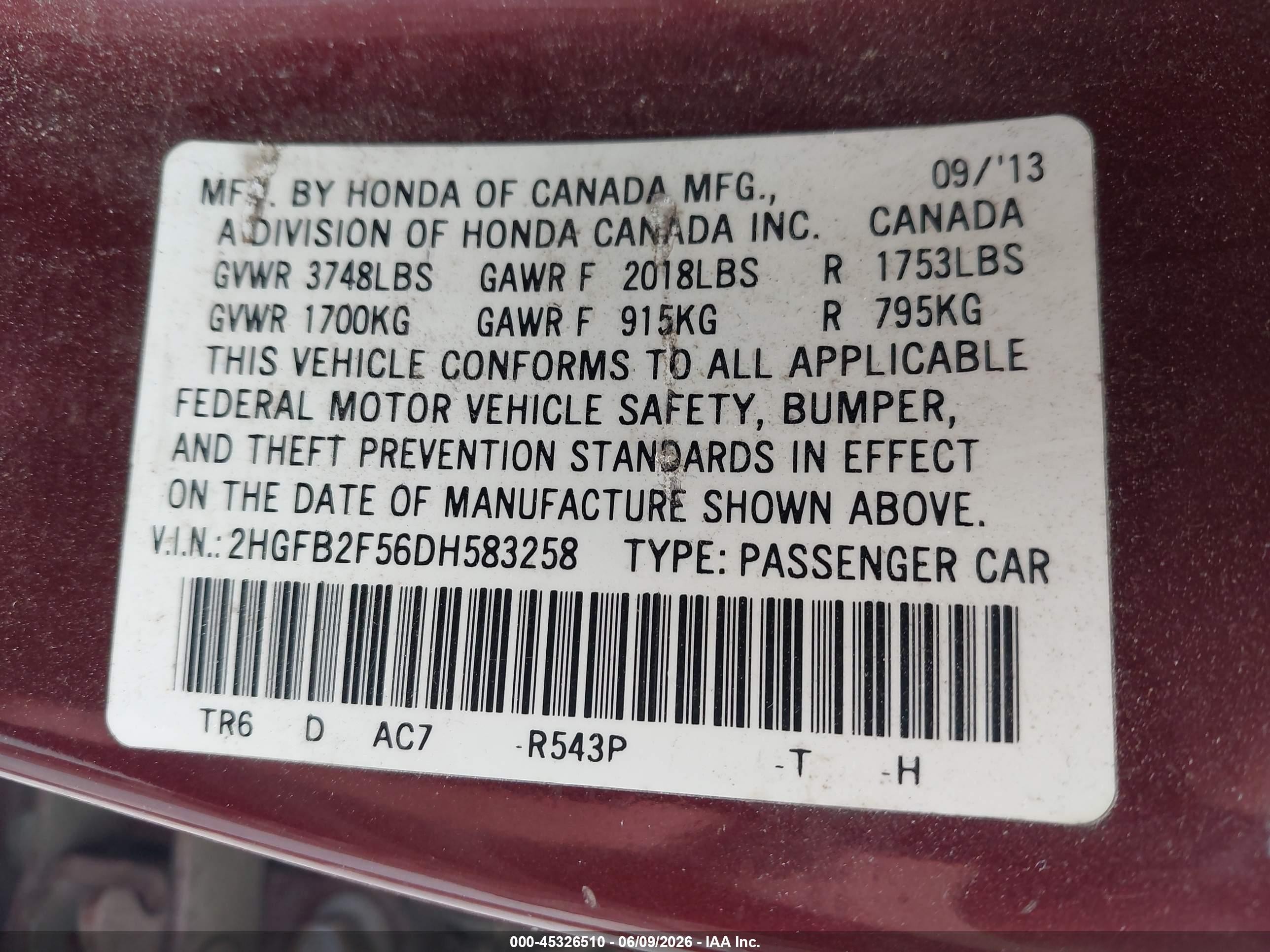 2013 Honda Civic Lx Red vin: 2HGFB2F56DH583258