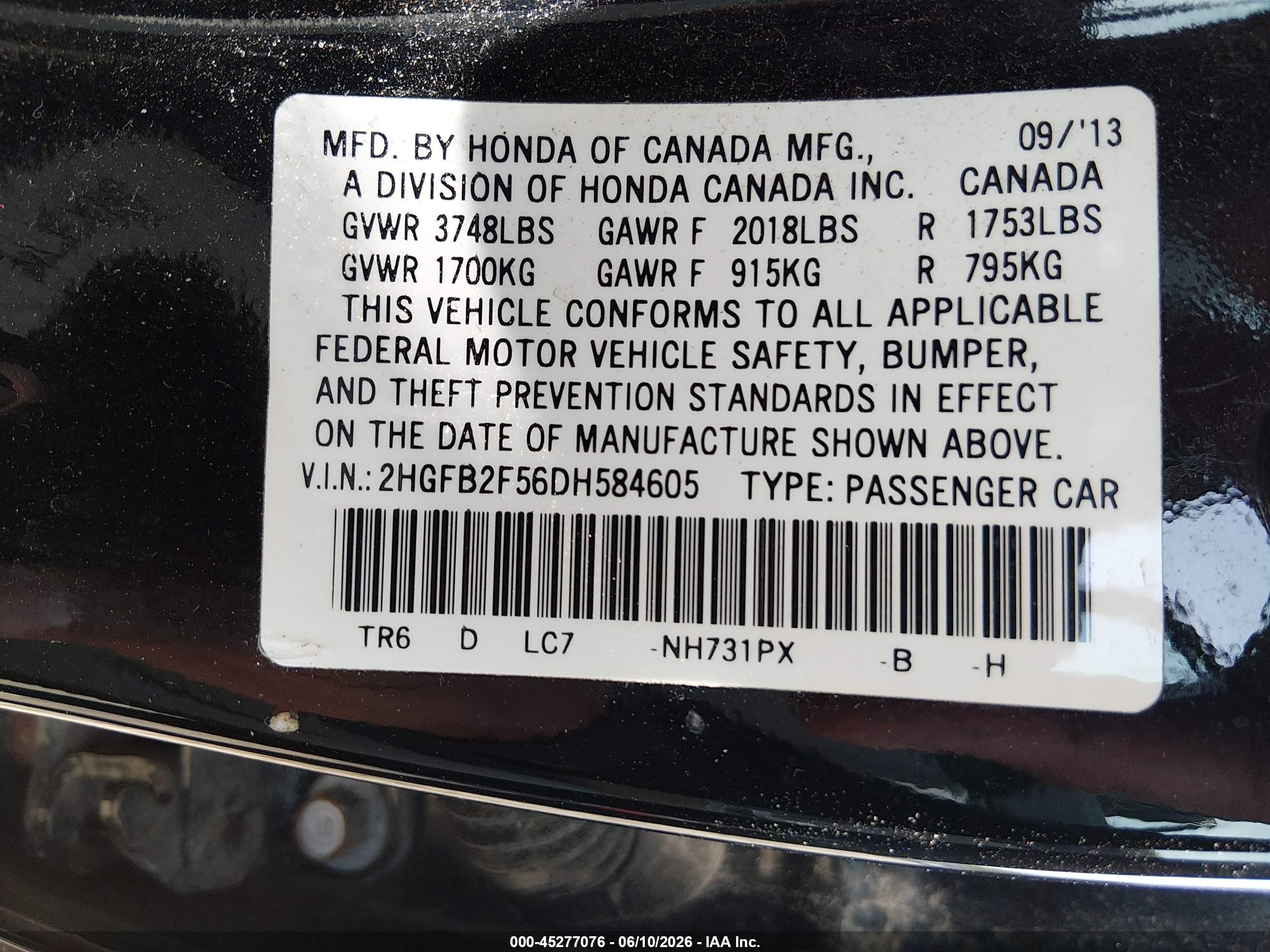 2013 Honda Civic Lx Black vin: 2HGFB2F56DH584605