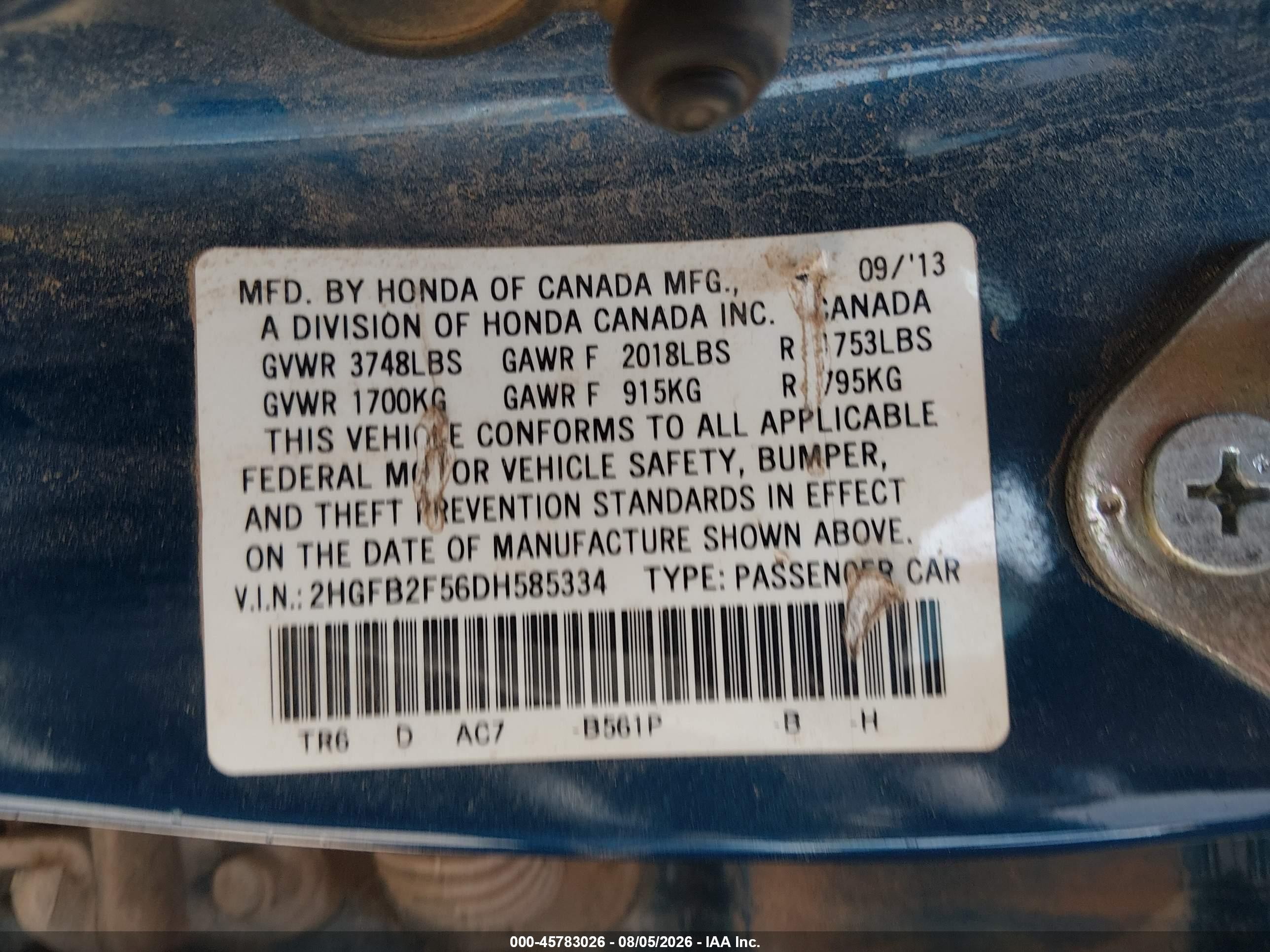 2013 Honda Civic Lx Blue vin: 2HGFB2F56DH585334
