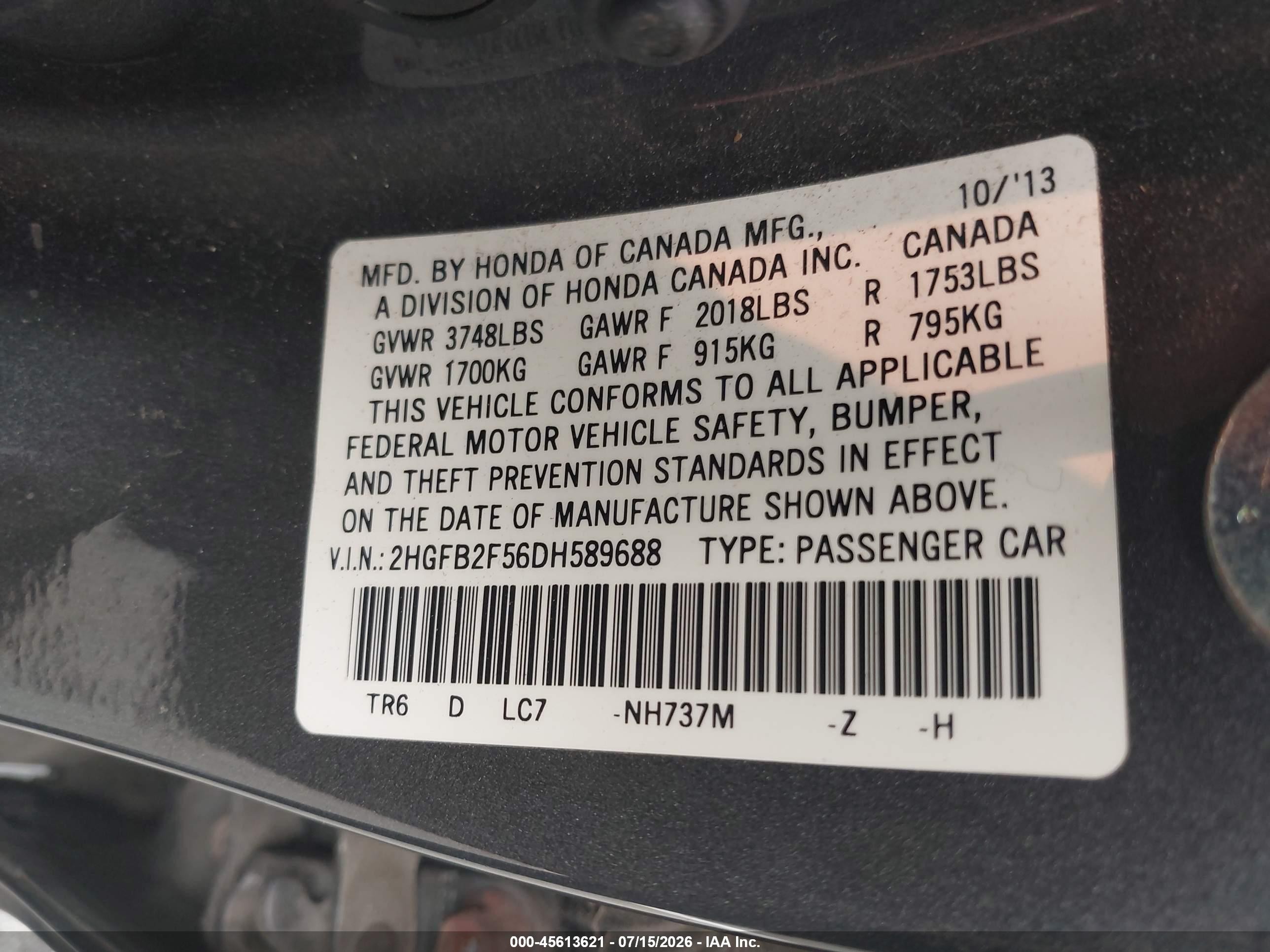 2013 Honda Civic Lx Gray vin: 2HGFB2F56DH589688