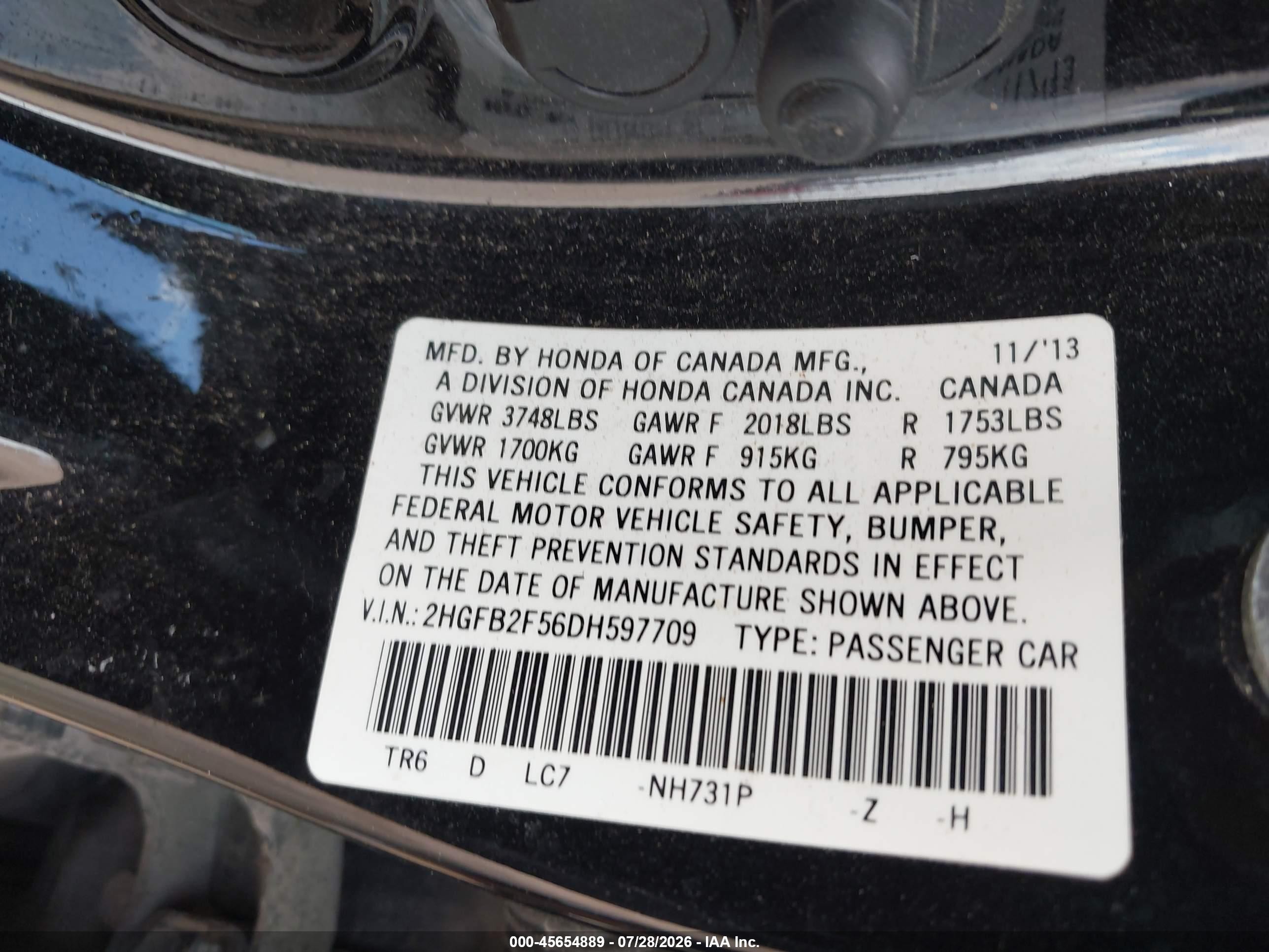 2013 Honda Civic Lx Черный vin: 2HGFB2F56DH597709