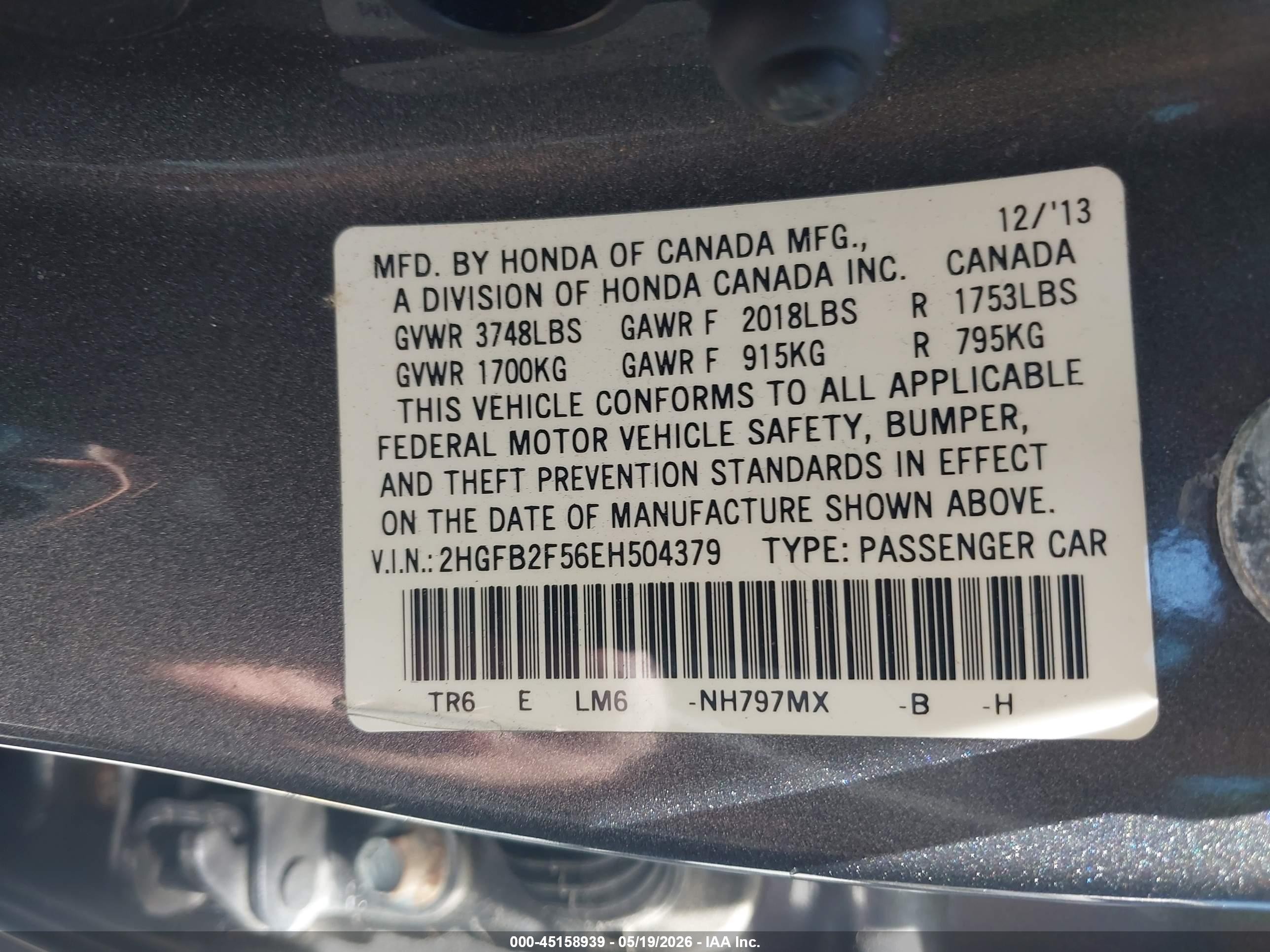 2014 Honda Civic Lx Gray vin: 2HGFB2F56EH504379