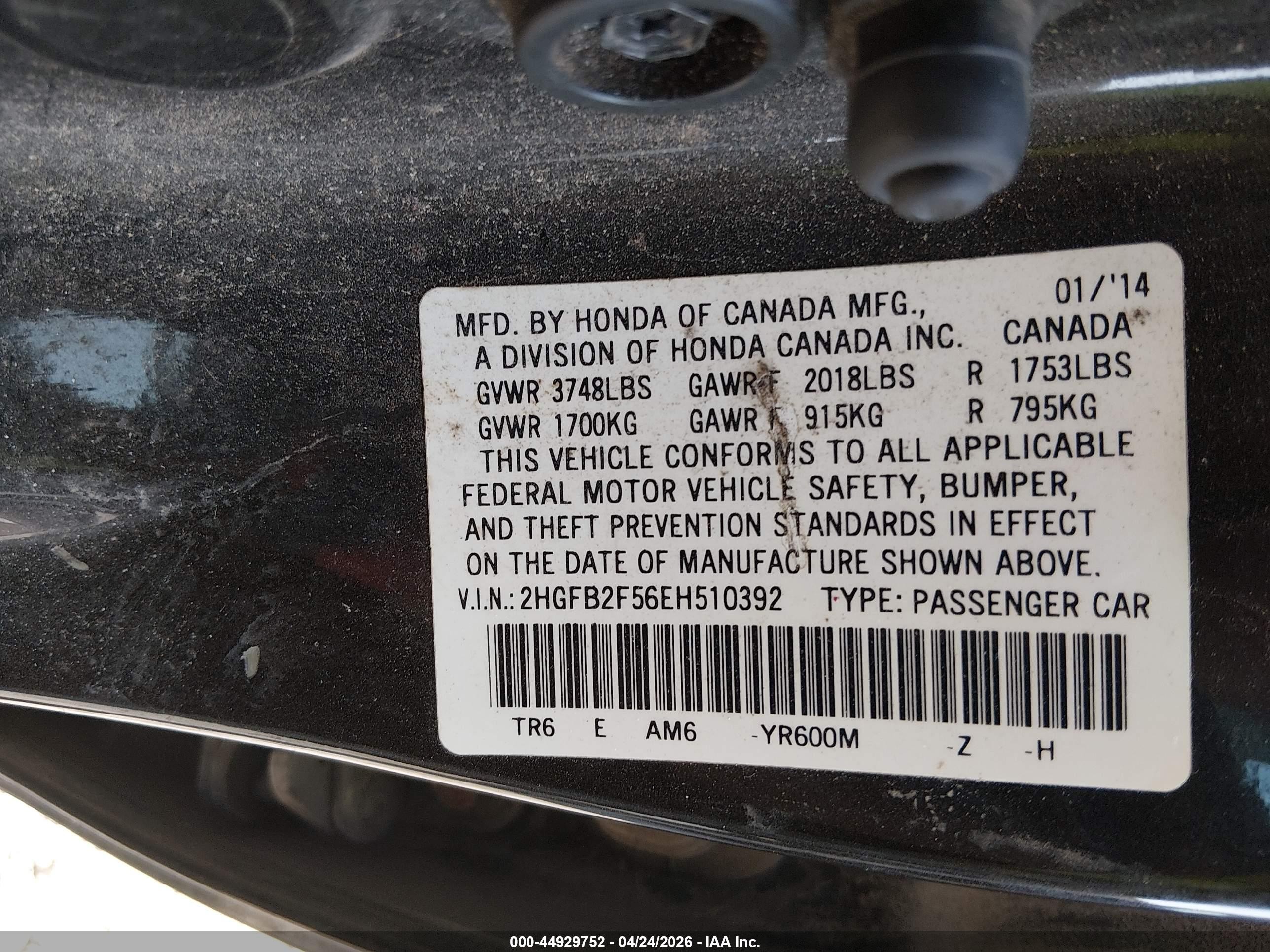 2014 Honda Civic Lx Black vin: 2HGFB2F56EH510392