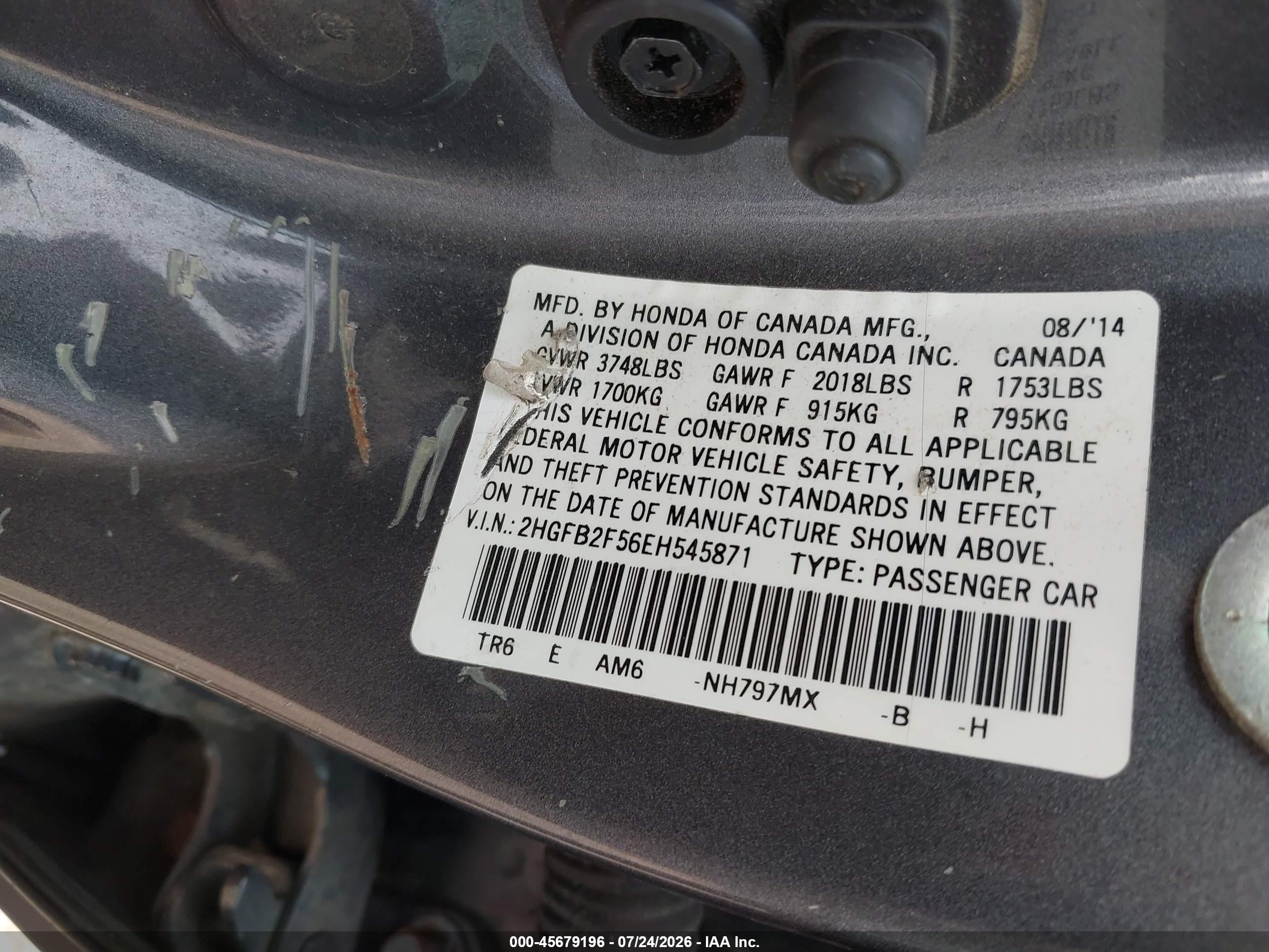 2014 Honda Civic Lx Серый vin: 2HGFB2F56EH545871