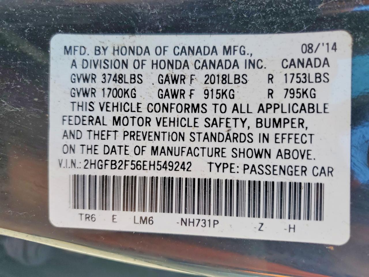 2014 Honda Civic Lx Черный vin: 2HGFB2F56EH549242