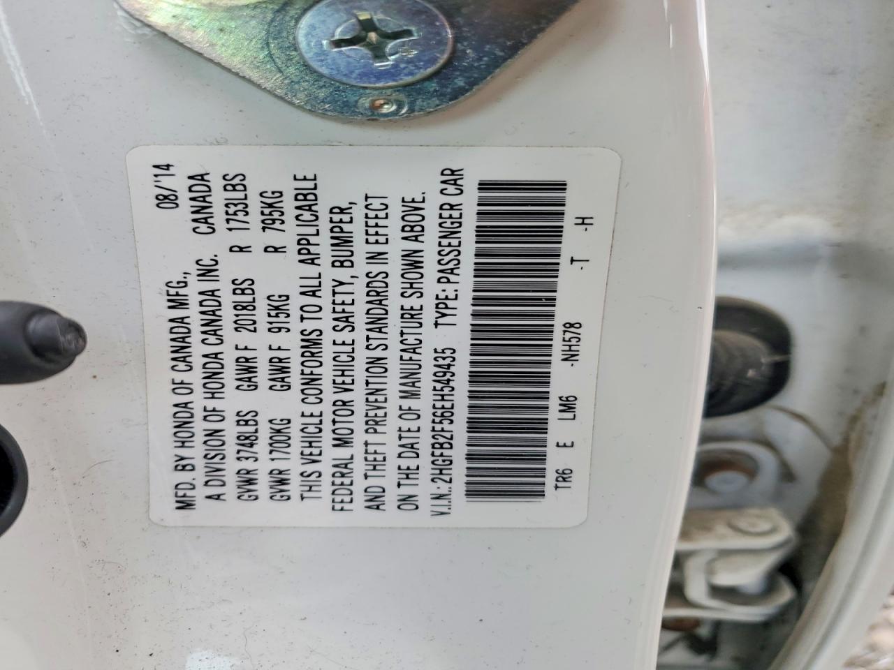 2014 Honda Civic Lx White vin: 2HGFB2F56EH549435